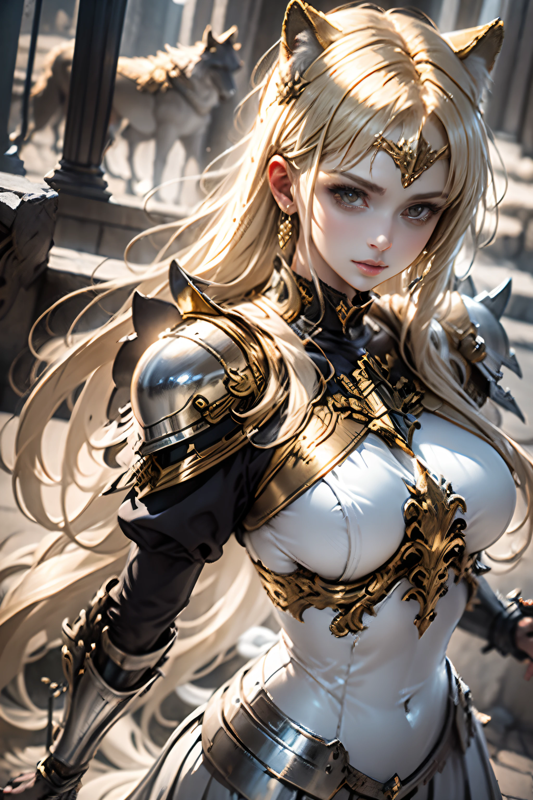 Women like Joan of Arc、Knights, golden armour,Gold Armor,With a sword and shield,Royal style,Comic style, , Sub-surface scattering, ornate detail, nature backdrop, Hyper-realistic, Cinematic, Dramatic Lighting, masutepiece、Armor and helmet with wolf motif、