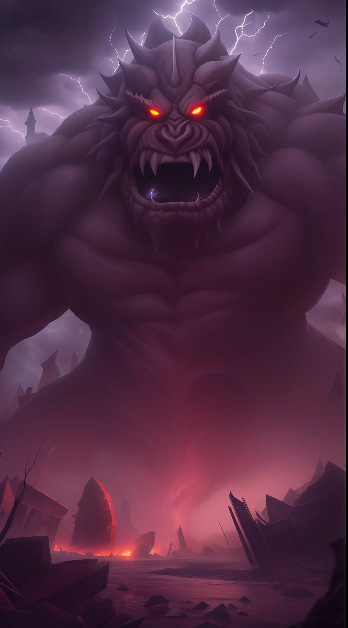 Monstro, gigante, raiva, rage, clima de tempestade, raios, ruins, 8K