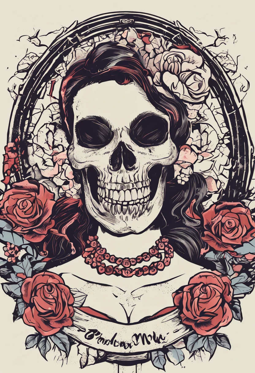 bra prima , EXCELENTE ARTE ,uma caveira com rosas do lado em volta arame farpado ,fundo PRETO ,profissional DESIGN rock and roll , ,ESTAMPA DE CAMISETA DESIGN,sem texto ,Arte Benedito Bana
