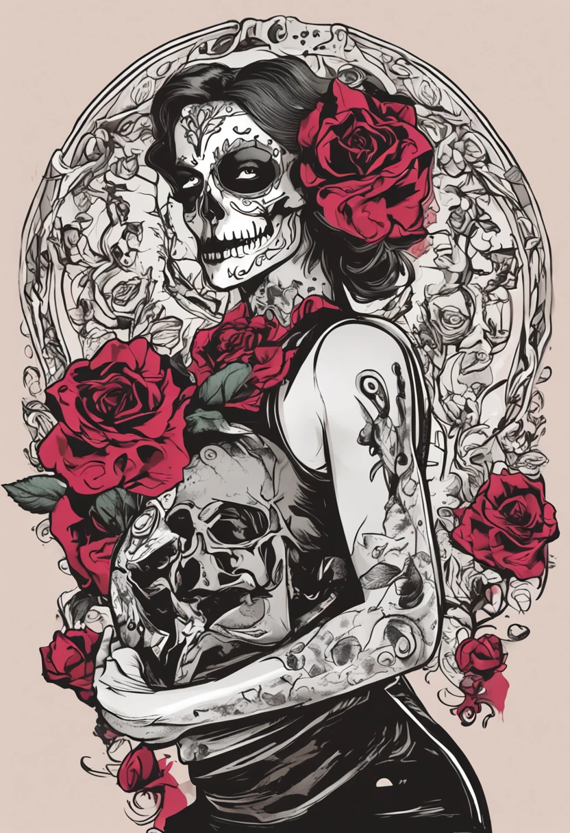 bra prima , EXCELENTE ARTE ,uma caveira com rosas do lado em volta arame farpado ,fundo PRETO ,profissional DESIGN rock and roll , ,ESTAMPA DE CAMISETA DESIGN,sem texto ,Arte Benedito Bana