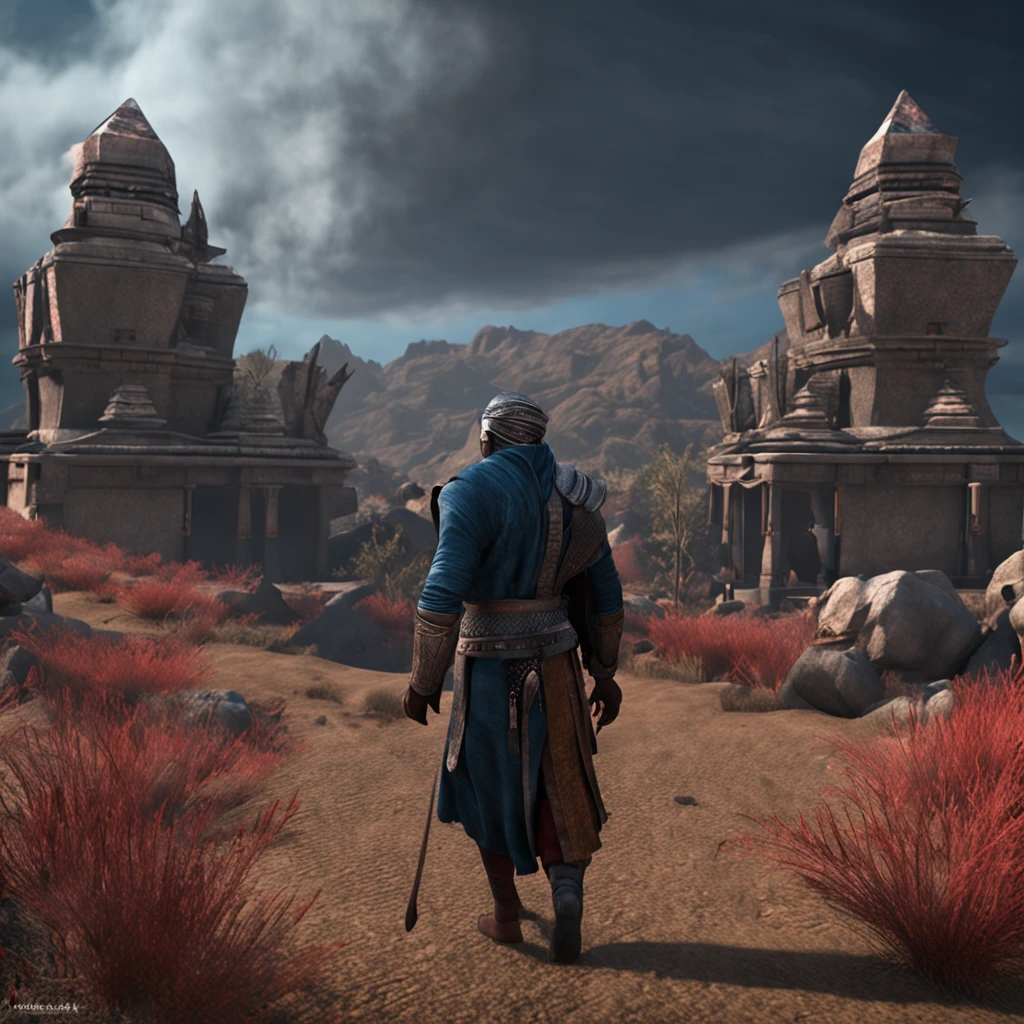 tes. dunmer. male. dark-blue skin. dark-grey skin. ashen skin. red eyes. beard. photorealistic. bright oriental clothes