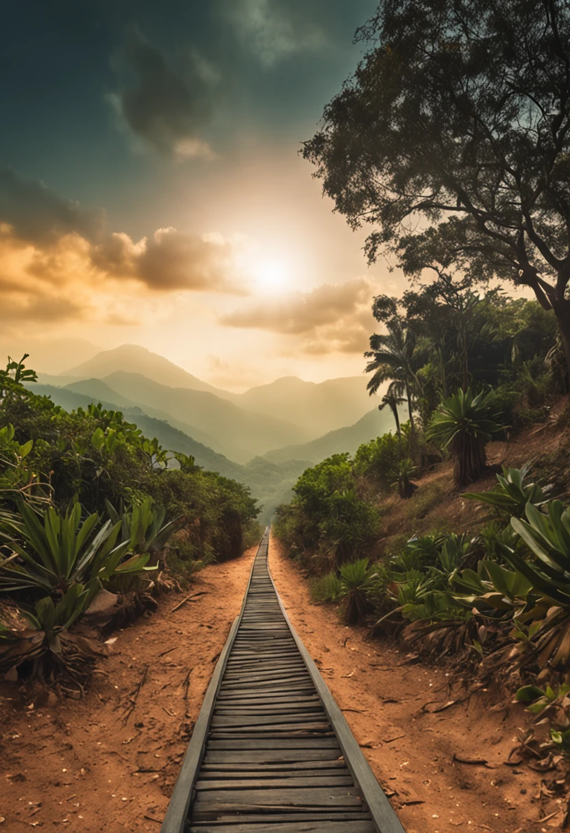 um jovem homem olhando para o futuro, no meio entre estradas, tem 2 caminhos um cheio de desafios largo, fogo e outro caminho bonito com florestas e alegria, mas estreito, fundo de ceu, sol e anjos