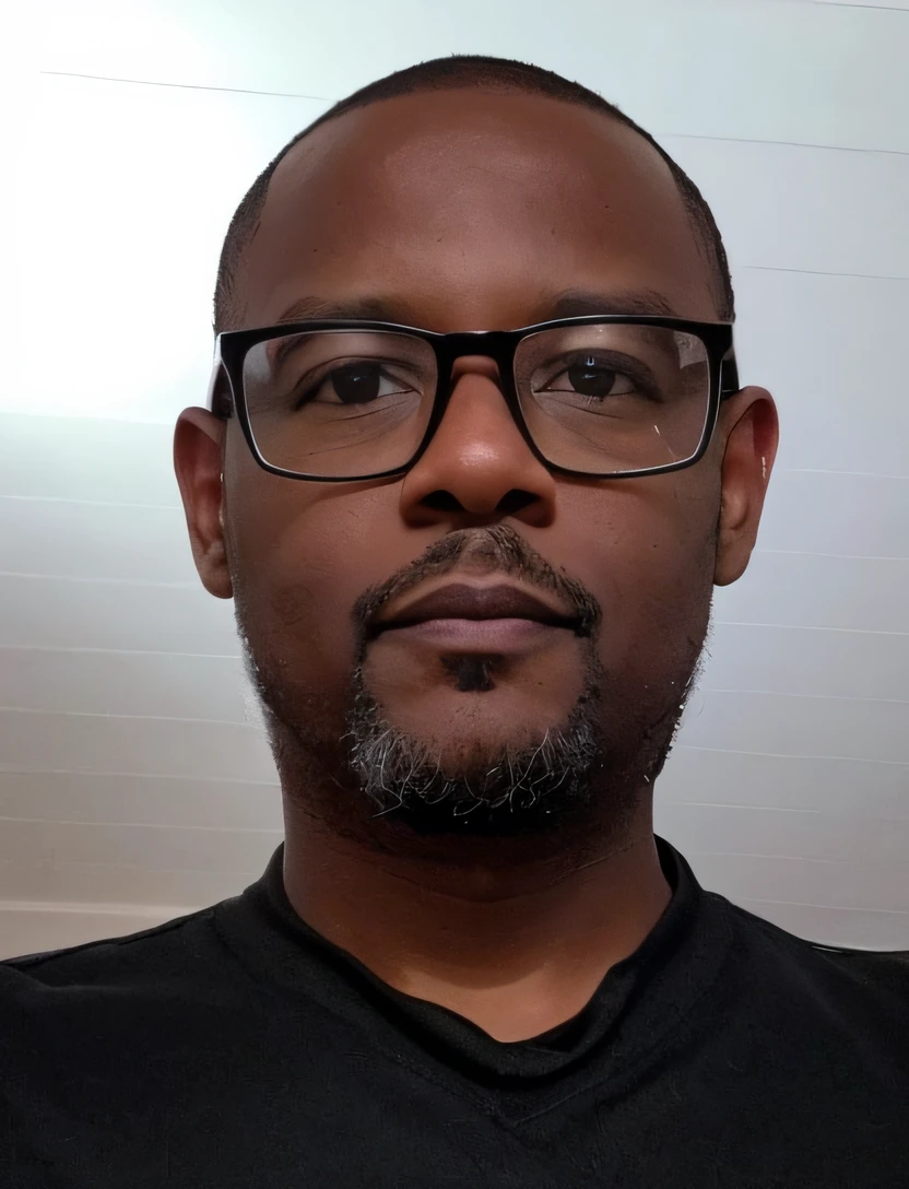 There's a black man in glasses and a black shirt staring into the camera, taken in the early 2020s, david rios ferreira, icaro carvalho, Fotografia selfie 8k, Thierry Doizon, Carmelo Blandino, foto de um homem, Homens de 45 anos, foto de perfil, Jorge Pemba, with glasses and goatee
