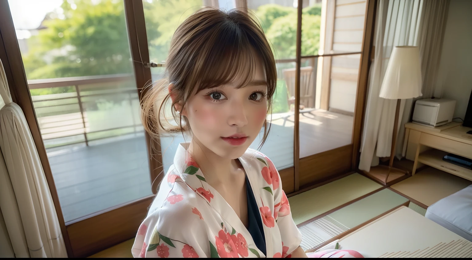 (8K、top-quality、masterpies:1.2)、(The hair、_Style)、(realisitic、Photorealsitic:1.37)、top-quality、masterpies、A simple studio room with natural light、[small tits]、[smallunderboob]、Two models with different atmospheres、Position one of the two in a well-balanced perspective、1 photo、High Balance、from waist up、Camera angle with background facing up、Hair styling and summer yukata style to match the trend of 2023、Three years for two Japan、realisitic、realisitic、super detailing、Beautiful facial features、in her 20s、女優、Half-Japanese and Russian models、Elaborate CG、A slender、adolable、A MILF、Long model and bob model for 3 years Japan、Hair that flutters in the wind、Delicate skin type、Hair with fine details and softness、The model's hair color is slightly lighter and softer、Gloss makeup、Yukata has a cute impression with gentle colors
