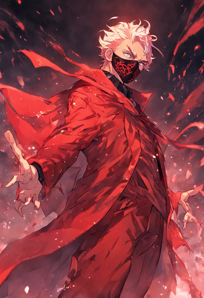 "Please create an image of the 'Red Flag' anti-hero. He is a unique and eccentric character, known for his crazy and unpredictable personality. He wears a vibrant red costume and a mask that partially hides his face, adding a air of mystery. He has a red flag with abstract patterns of vibrant colors as a symbol, which reflects his chaotic nature. His special ability is the ability to create anything he can imagine, altering the reality around him. He has the ability of bringing objects, creatures and scenery to life from his creative mind. His fun and eccentric personality is reflected in his appearance and behavior. He is a mix of archetypes, being mainly the 'Mad' and the 'Wizard', with a unique approach to justice, often bringing a dose of humor to the most serious of situations."