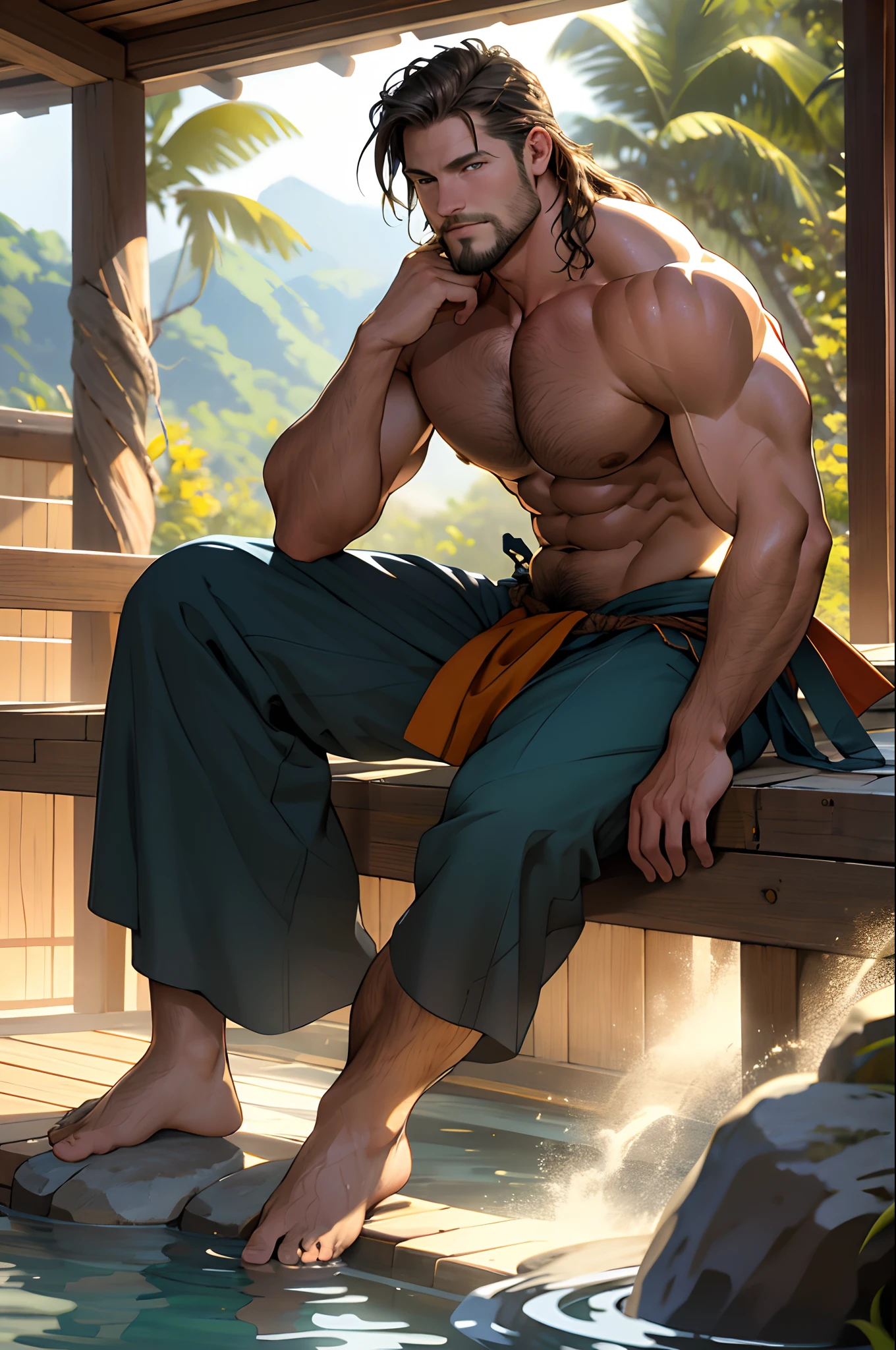 Best quality, masterpiece,ultra high res,detailed background,realistic,full body,1man,travis fimmel, 8 pack abs, big pectoral muscles, big biceps, solo,male,muscular,loincloth,mature male,long hair,facial hair,short hair,sitting,indoors,onsen,hot water,steam,real shadow and light,depth of field,