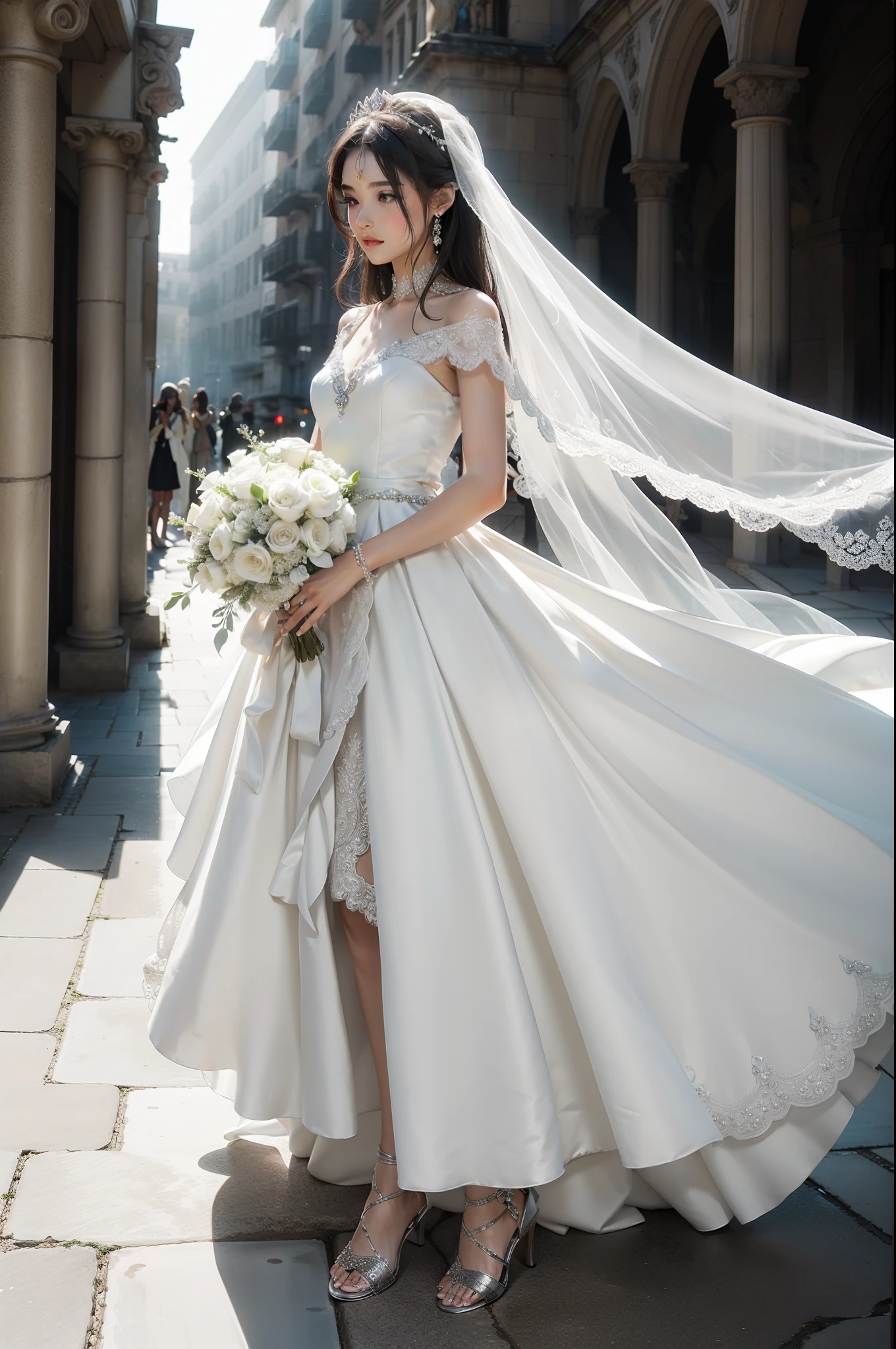 A bride wearong wedding dress, sheat line, dress inspired by ancient Greel clothing and Issey Mikaye, creamy white in colour, shiny, silver embellishments, silver tiara, medium long veil, small bouquet. Silver sandals. Dramatic illumination,  photorealistic.