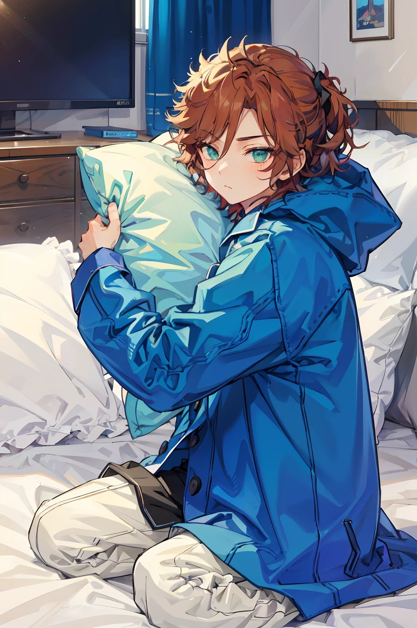 madaraes, brown hair, green eyes, absurdres, highres, ultra detailed, (1boy:1.3),
BREAK
common cold, flu, blush, sleeping in bed, covers on, pajamas, pillow hug, covered with a blanket,(pattern blanket), boy, 1boy