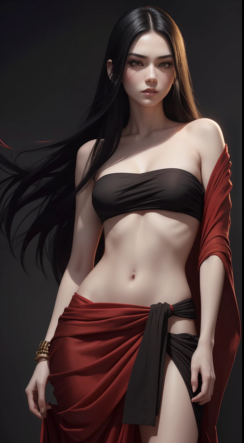 (A beautiful 25 years old female model), (long black hair), (pale skin), (serious face), (wearing red sarong), (solid color background), view from front, waist up shot, dynamic pose, ambient lighting, photo realism, intricate face detail, intricate hand details, highly detailed, vibrant colors, cinematic, high definition, trending on Artstation--style raw