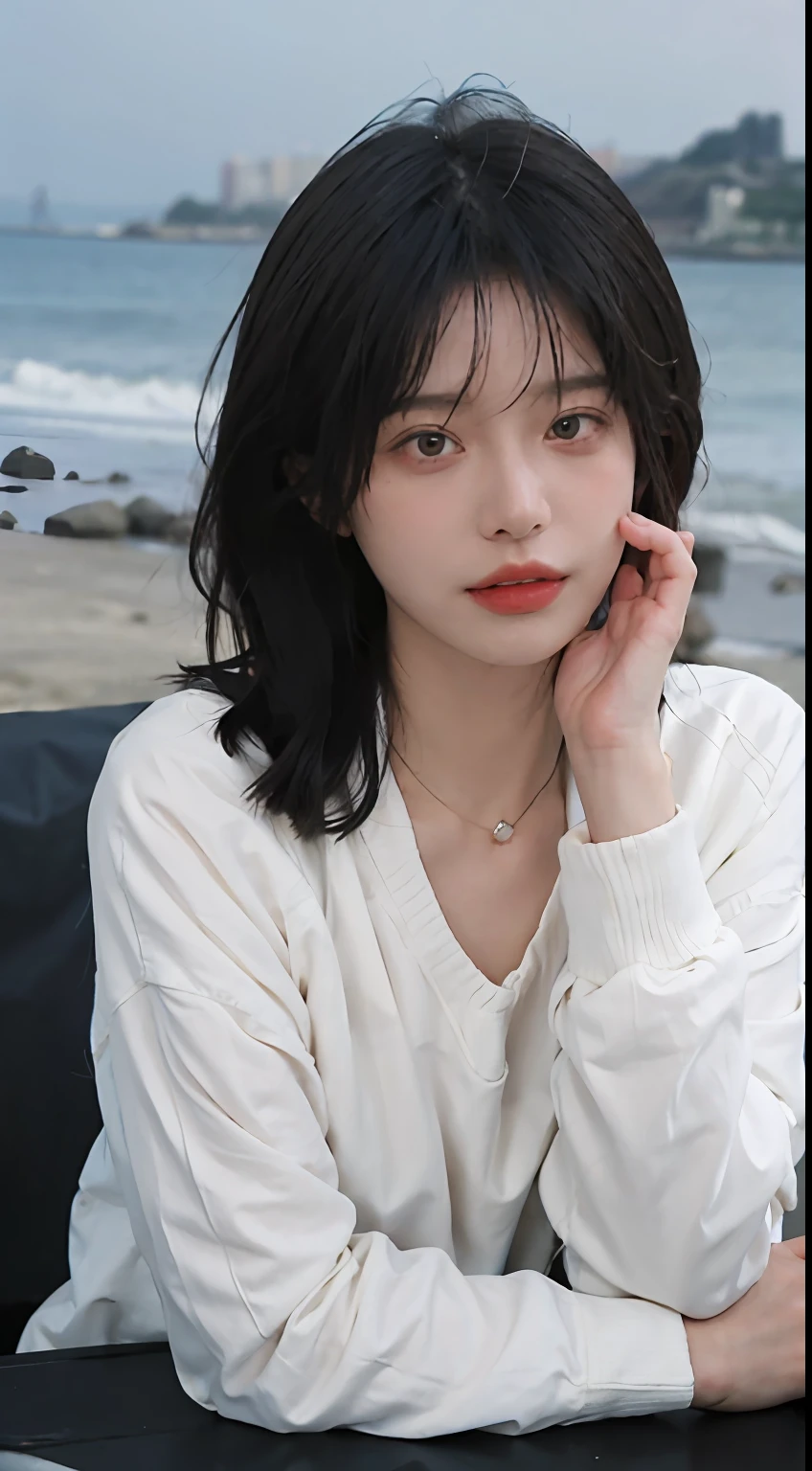 best qualtiy, 超高分辨率, (realisticlying:1.4),cute hairpin,1girll,Red long-haired,Quartered sweater ,Beautiful woman with a slim figure:1.4, Pronounced abs,On the sandy beach,Ultra-fine face,Elaborate Eyes,二重まぶた,choker necklace