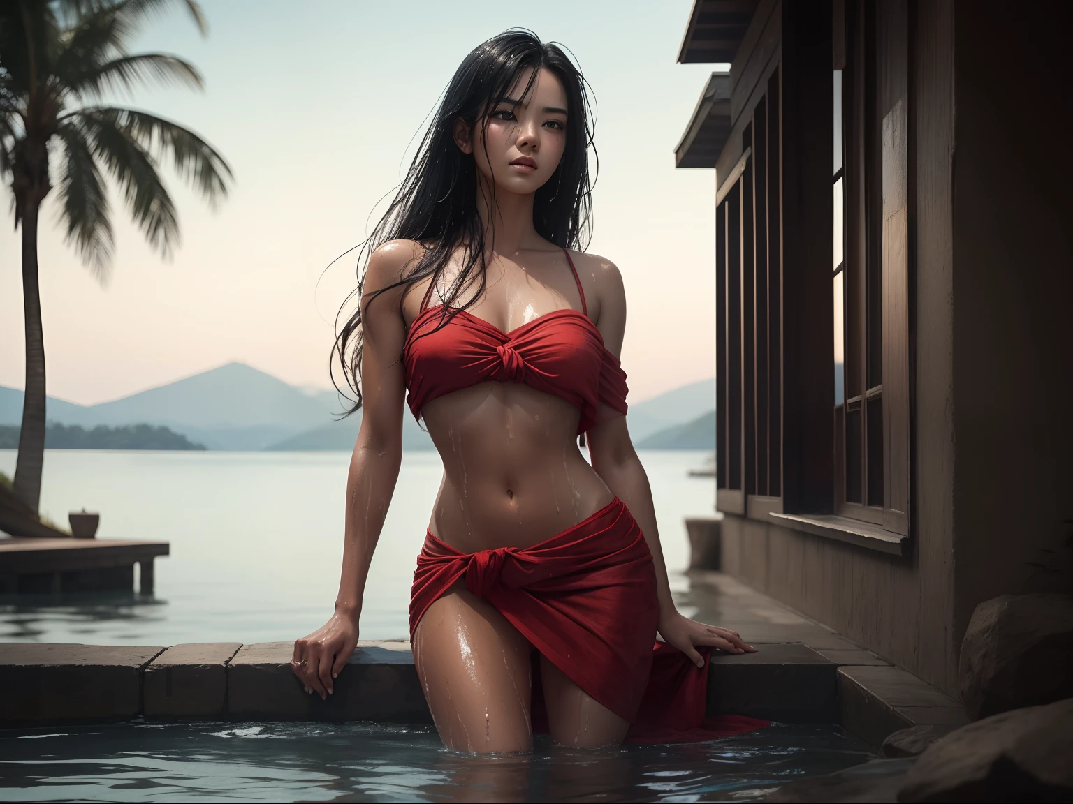 (A beautiful 25 years old female model bathing near the lake), (long black hair), (pale skin), (wet and oily appearance), (serious face), (wearing red sarong), view from front, waist up shot, dynamic pose, ambient lighting, photo realism, intricate face detail, intricate hand details, highly detailed, vibrant colors, cinematic, high definition, trending on Artstation--style raw