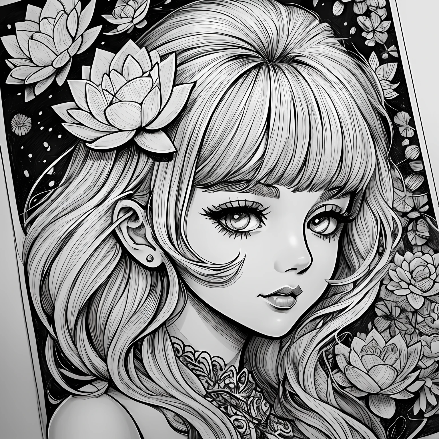 Black and white stick figure girl with lotus flower in background, in dress with flowers, its fine ink line art, comic style, portrait of magical marilyn munroe beautiful line art, black and white comic style, manga style, manga art style, pencil and ink caricature drawing, black and white coloring --auto --s2