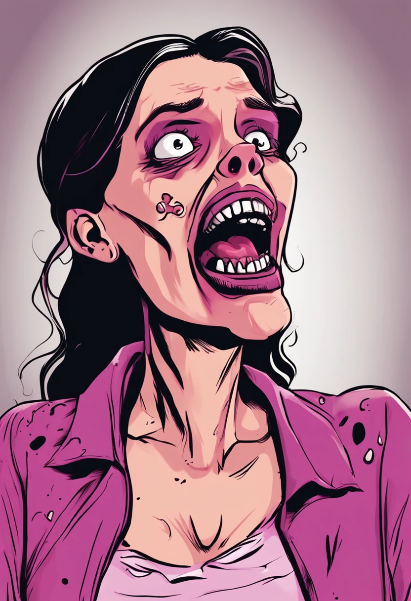 Cartoon of a woman with a creepy face and a pink shirt, horror face, Zombies with white eyes, frightening look, Evil Dead Face, Ugly woman, Scary face, Scared face, Ugly face, Grimace, scared expression, tired haunted expression, ugliness!!!!!!, Evil expressions, eerie person, terroral, Very ugly face, Zombie Face、Bee costume