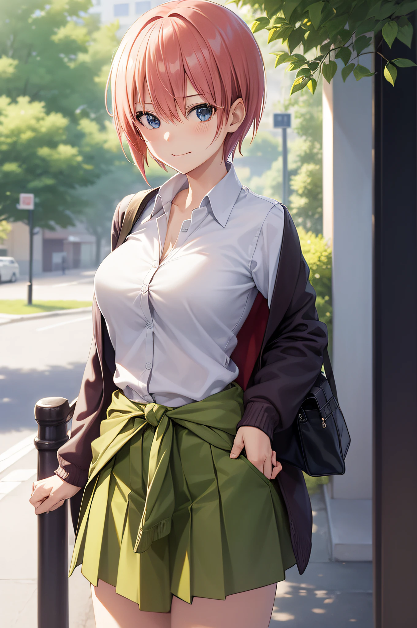 2d, masterpiece, best quality, anime, highly detailed, 1girl, solo, cowboy shot, nakano ichika, pink hair, short hair, cardigan around waist, collared shirt, green skirt, miniskirt, medium breasts, standing, school, outdoors, smile