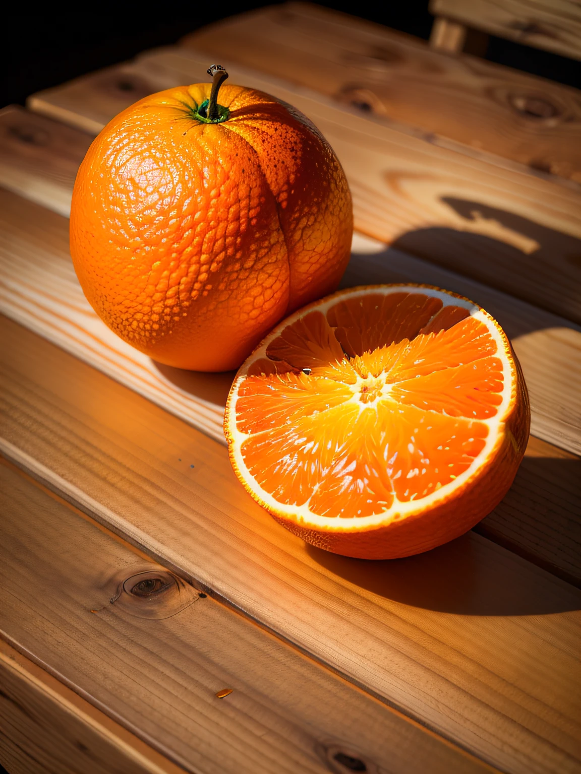 a fresh orange artfully positioned on an aged wooden table, captured by Luis Morales, sharp focus on the fruit, warm shades of the orange in contrast to the brown of the wood, subtle shadows, feeling of naturalness (better quality), (8k resolution), (ultra highres)