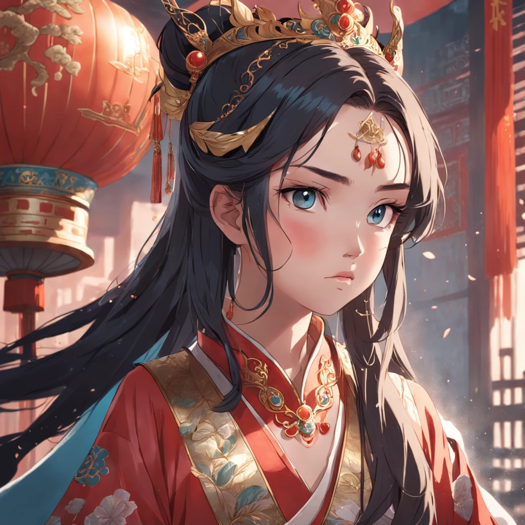 Beautiful princess of ancient China,The princess is very beautiful,beauitful face,Face details,The princess broke a large vase,Next to it is the Emperor,he was angry