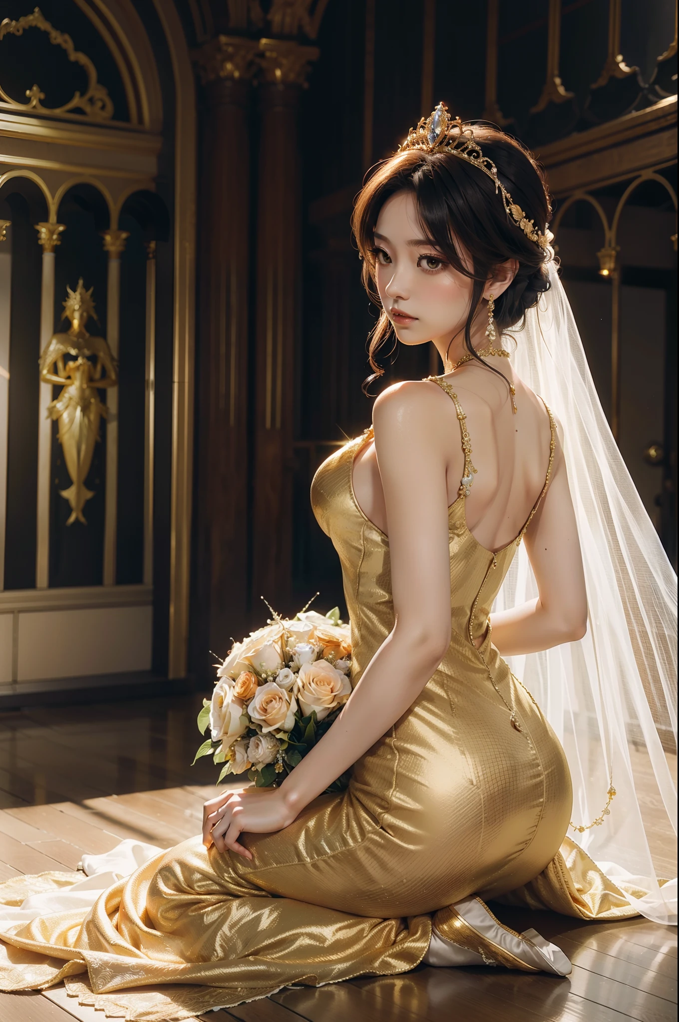 Bride with a body tight mermaid dress, light apricot, golden embellishments, golden jewelry, gokden tiara, medium long veil, big bouquet. Sakuea as background, Dynamic scene, dramatic light, photorealistic.
