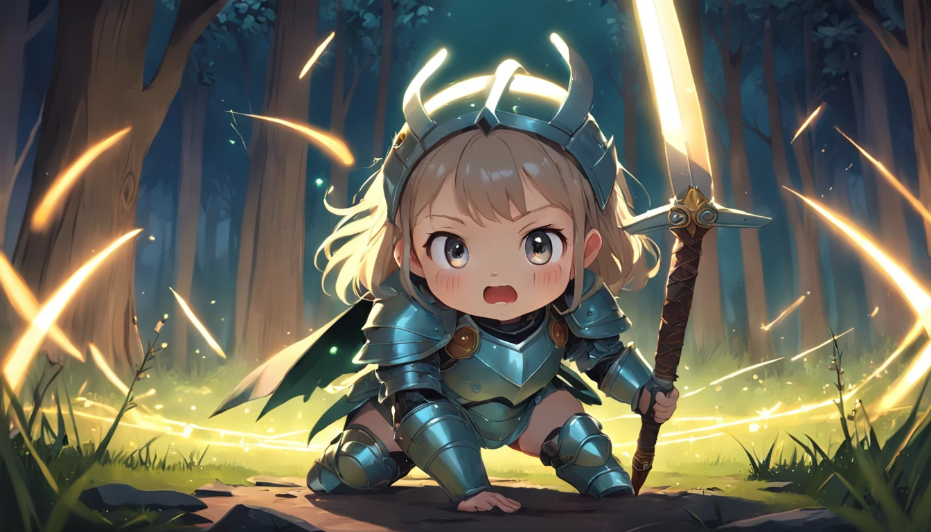 Cartoony，Chubby little girl in heavy armor，Place glowing swords and shields on the ground，Glowing fireflies around，，Cute and cute，KIDS ILLUSTRATION，Glow effects，Dingdall effect，depth of fields，high light，Real light，Ray traching，oc rendered，Hyper-realistic，best qualtiy，8K，Works of masters，super-fine，Detailed pubic hair，Correct anatomy，sharp focus on eyes，The facial structure is reasonable，Facial features are carefully depicted