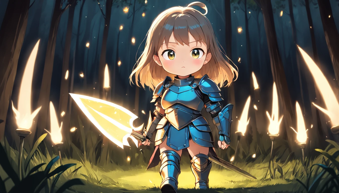 Cartoony,Chubby girl in heavy armor,Place glowing swords and shields on the ground,Glowing fireflies around,,Cute and cute,KIDS ILLUSTRATION,Glow effects,Dingdall effect,depth of fields,high light,Real light,Ray traching,oc rendered,Hyper-realistic,best qualtiy,8K,Works of masters,super-fine,Detailed pubic hair,Correct anatomy,sharp focus on eyes,The facial structure is reasonable,Facial features are carefully depicted