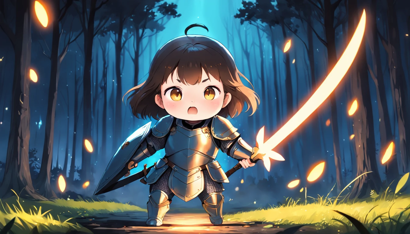 Cartoony,Chubby girl in heavy armor,Place glowing swords and shields on the ground,Glowing fireflies around,,Cute and cute,KIDS ILLUSTRATION,Glow effects,Dingdall effect,depth of fields,high light,Real light,Ray traching,oc rendered,Hyper-realistic,best qualtiy,8K,Works of masters,super-fine,Detailed pubic hair,Correct anatomy,sharp focus on eyes,The facial structure is reasonable,Facial features are carefully depicted