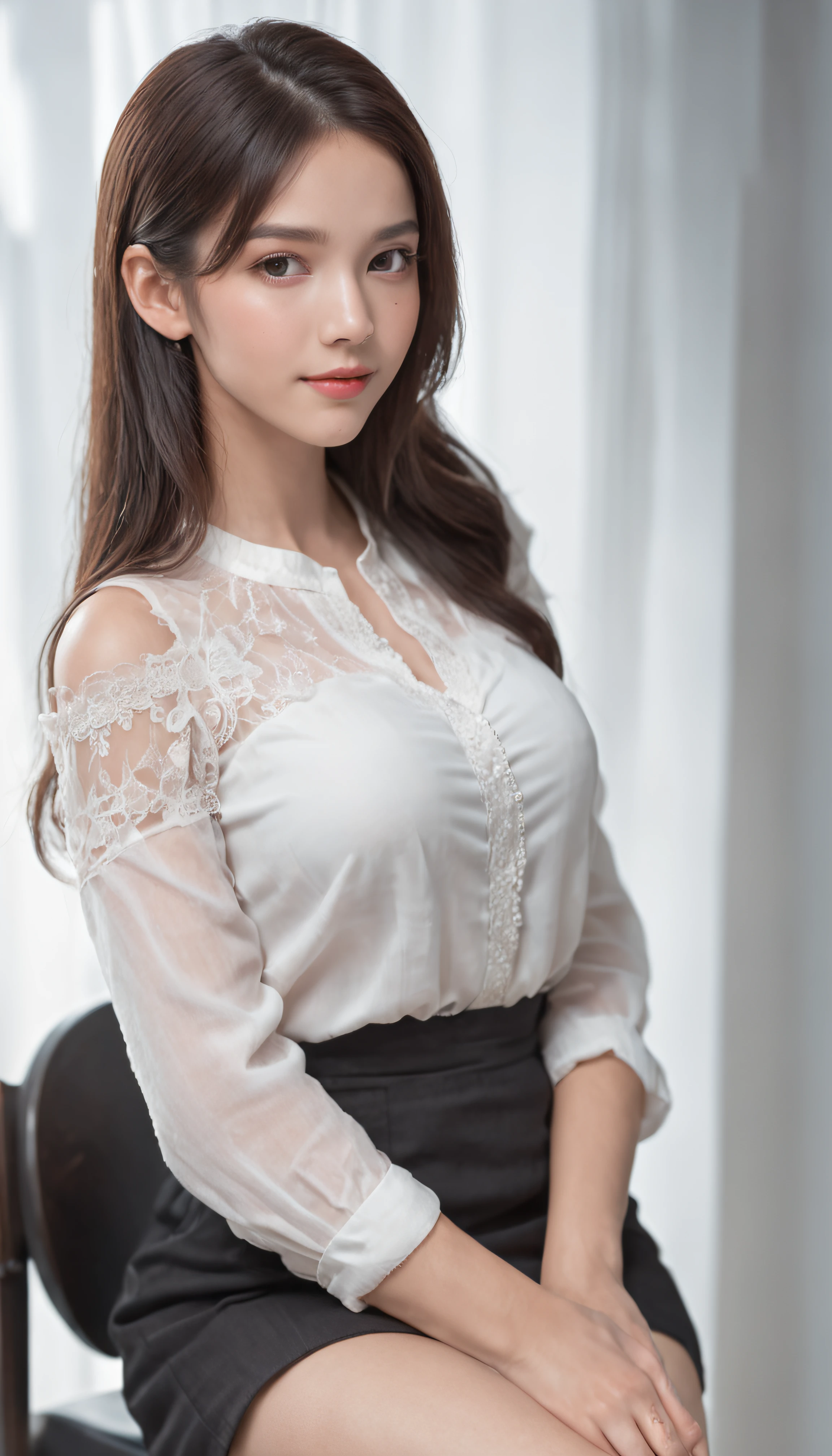 8K、top-quality、​masterpiece:1.2)、(realisitic、Photorealsitic:1.37)、ultra-detailliert、Soft light、One girl、cute little、Soio、Beautiful detailed sky、Detailed Cafe、Open Windows、sitting on、date、red blush、(A smile:1.15)、(Mouth closed)、Colossal tits、finely eye、fine nose、(long:1.5)、Floating Hair NovaFrogStyle、cleavage of the breast、The nipple is visible、((Relaxing Pose))、silber hair、Unkempt hair、tthin eyebrows、Mature Face、Full Shot Body、((shirt with collar、Ren Hao、Transparent shirt、a miniskirt))、long legged、[Black lace underwear]、Sleeveless、Gentle smile、