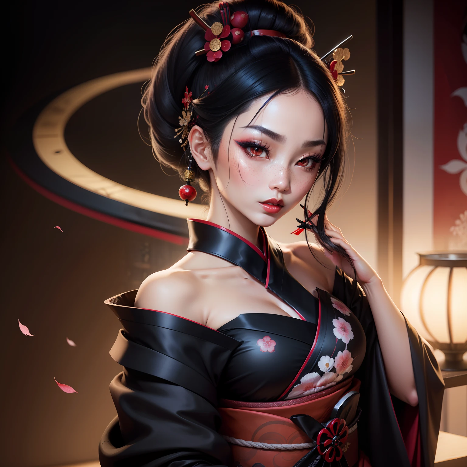 Seductive geisha, wear black kimono, black hair, red moon, dark skin complexion, cherry blossom on hair, 4k, almond eyes, big lip, logo, heart shape face, face fuller, sexy hair tied up, black eyes, dark red lipstick, female samurai warrior, swords, face shots, head shots, freckles on the face, up close head face shots, full hair