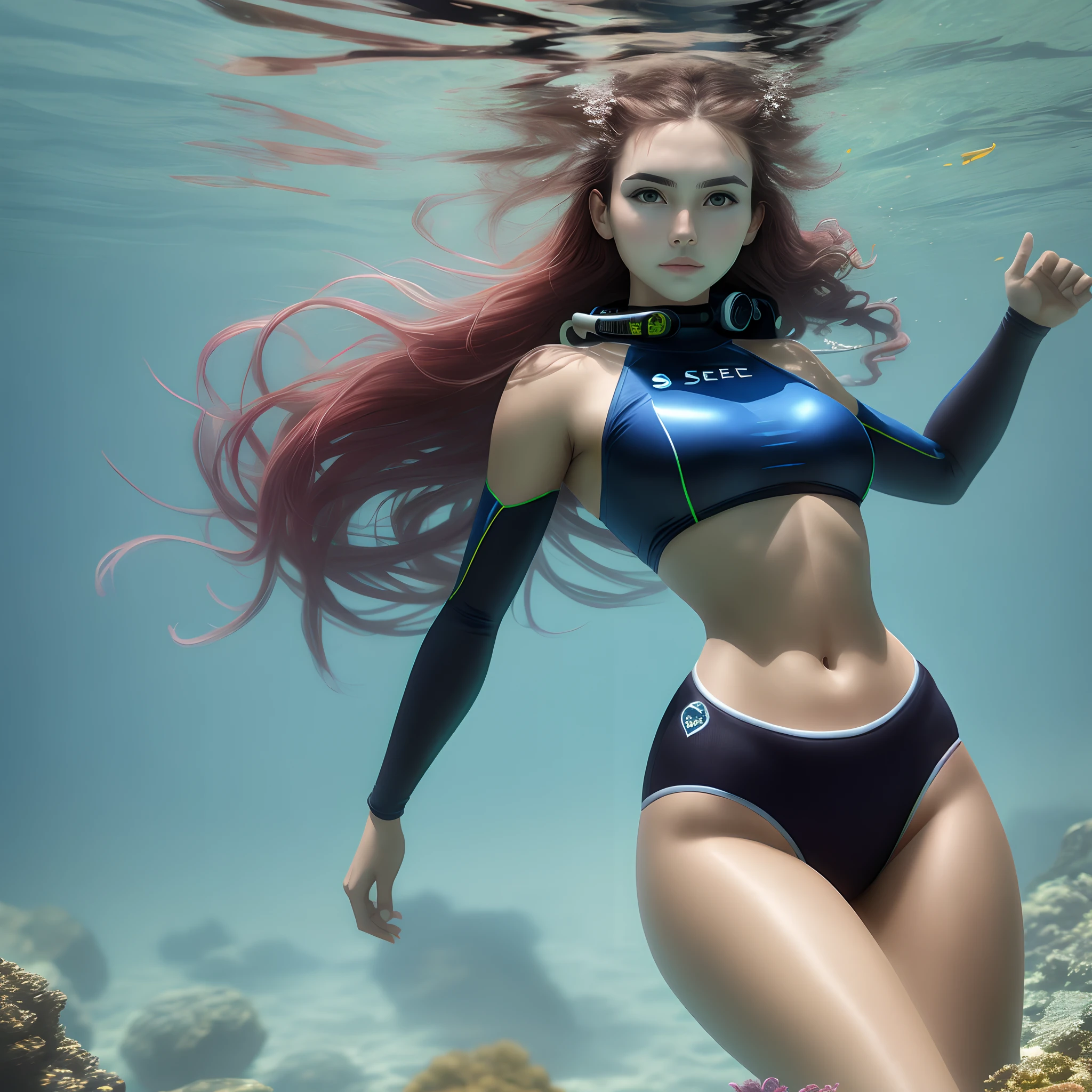 Female divers，solo person，24-year-old woman，Beautiful face，smallunderboob，ssee-through