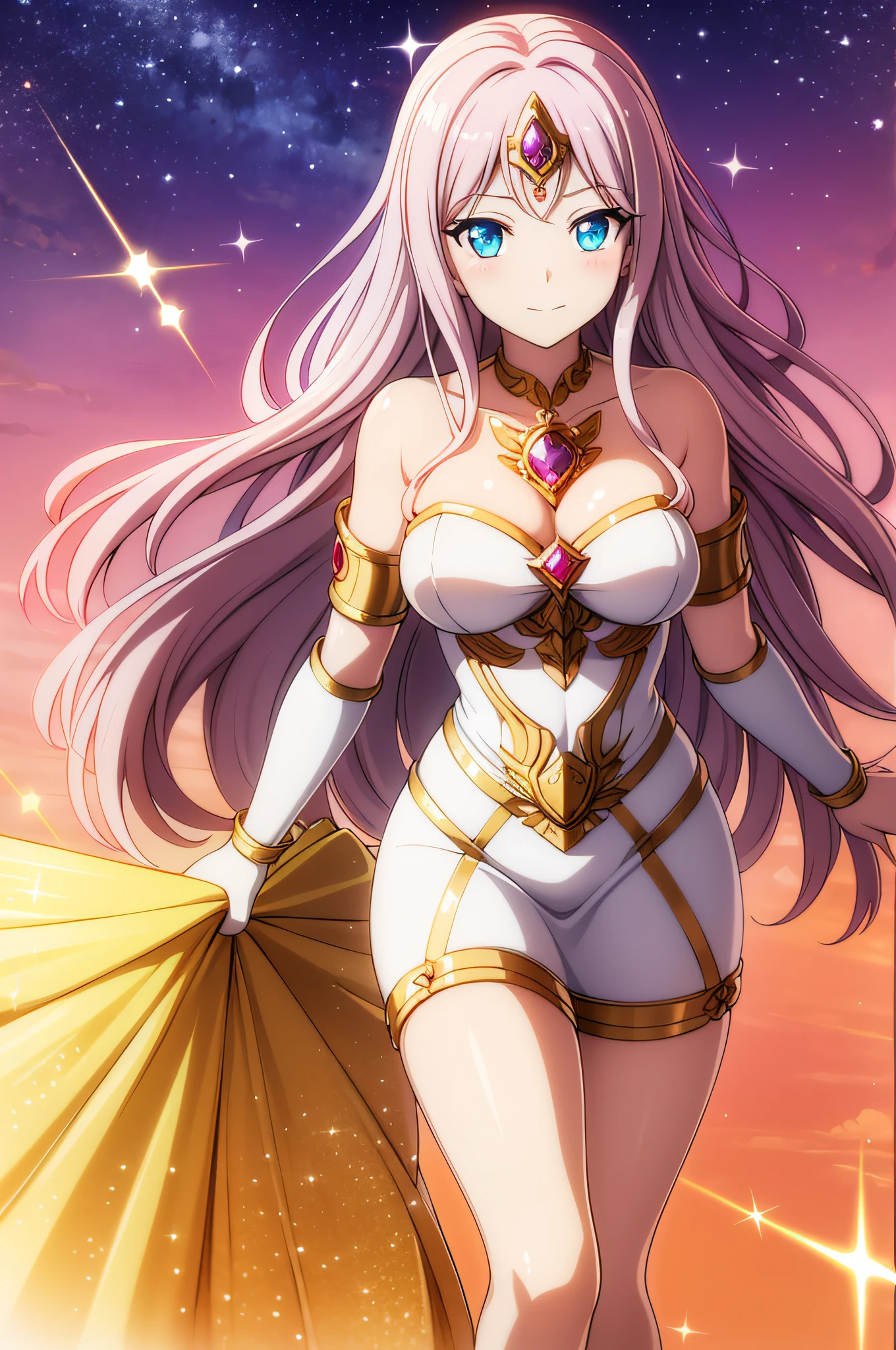 Freya, Majestic Goddess of Love and Magic, Her hair is a cascade of stars, Her eyes shine with mysterious power.Her hands shine warm and charmingly.Her presence is a light of hope and joy.Her aura is a sparkling aura of love and protection.