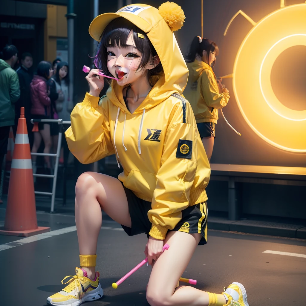 1Man Woman、Full body yellow sportswear(hooded jacket、shortpants)、Amusement facilities、Fluorescent Yellow Sneakers、Licking candy with a stick、a smile