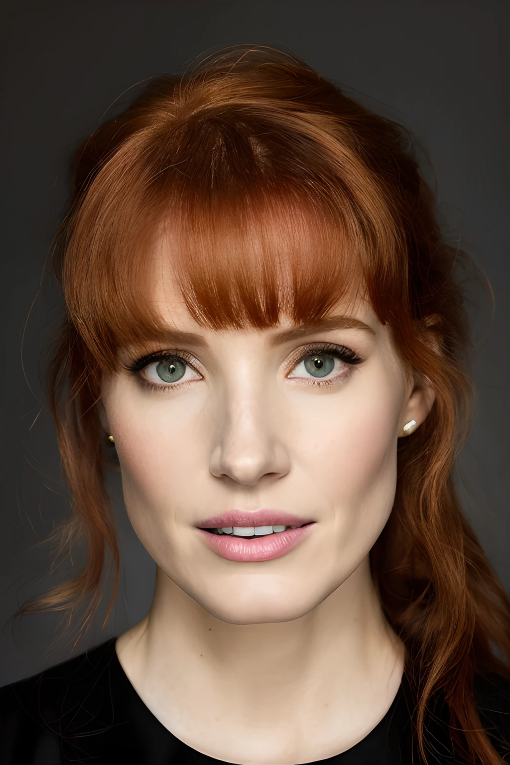 arafed woman with red hair and a black shirt posing for a picture, jessica chastain, bryce dallas howard, perdita weeks!, headshot portrait, headshot photograph, jodie bateman, closeup headshot portrait, acting headshot, stunning closeupheadshot, jodie whittaker, portrait sabrina lloyd, closeup headshot, stunning art, rainny, headshot photo, character headshot portrait, very very realistic