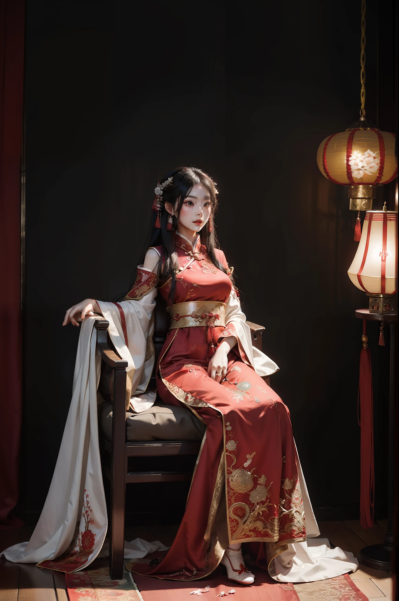 A woman in a red and gold dress sitting on a chair - SeaArt AI