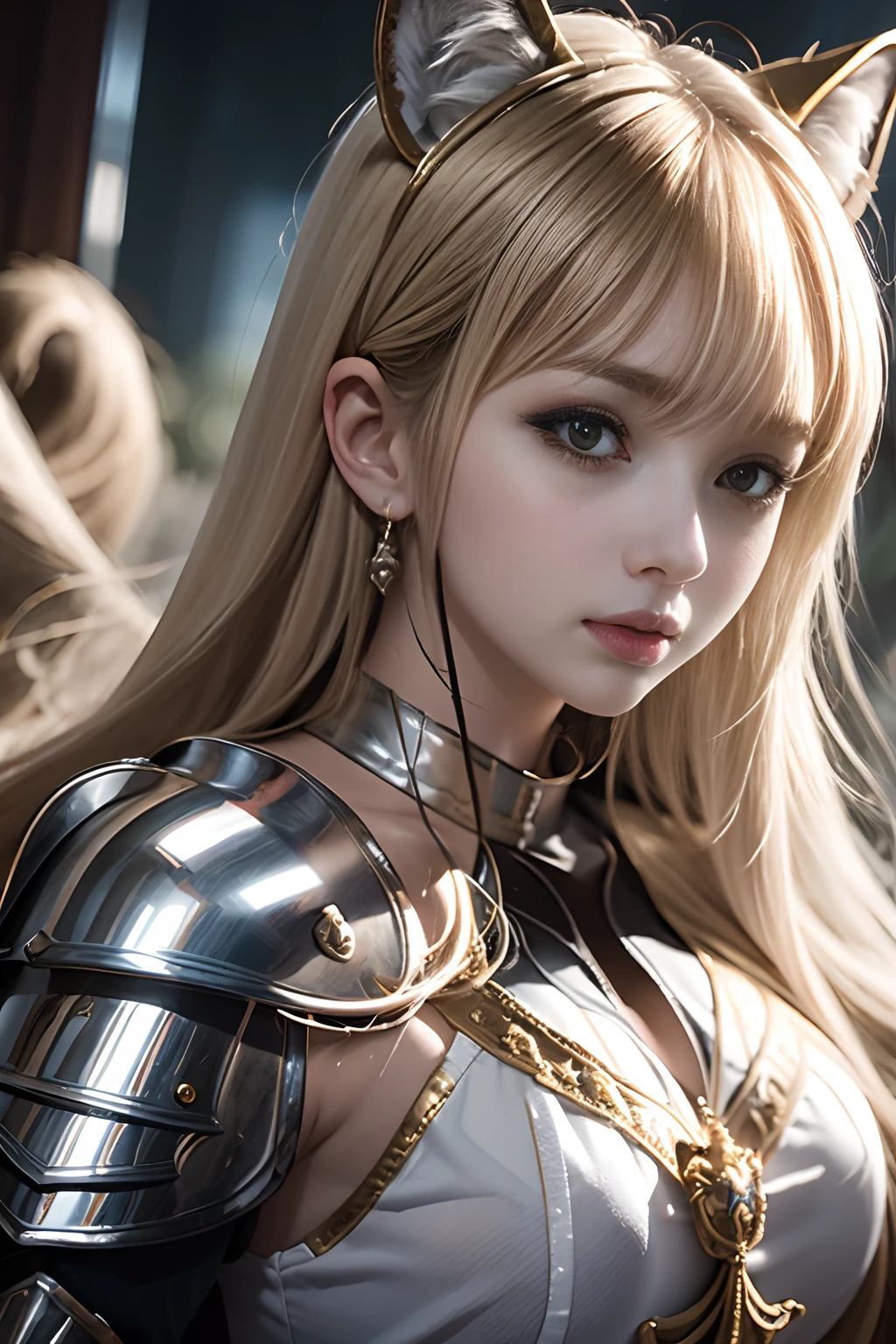the highest quality, detailed image, colourful、, Vivid colors, (solo、、, Detailed Face, flawless lighting, perfect shadows, perfect eyes, girl focus, perfect hair, perfect faces, gorgeous body), shiny body,Shiny big、Chest with presence、cleavage between breasts、Light wavy white blonde hair、Medieval knight、(Westerners)Silver armor with gorgeous decorations、underboob、helmet、sword、、Great sword、Inside an old castle with midnight cobblestones、Glossy skin、cloak、Dynamic Pose、Dynamic Actions、Too beautiful goddess of battle、necklace、Earring、Depth of subject、