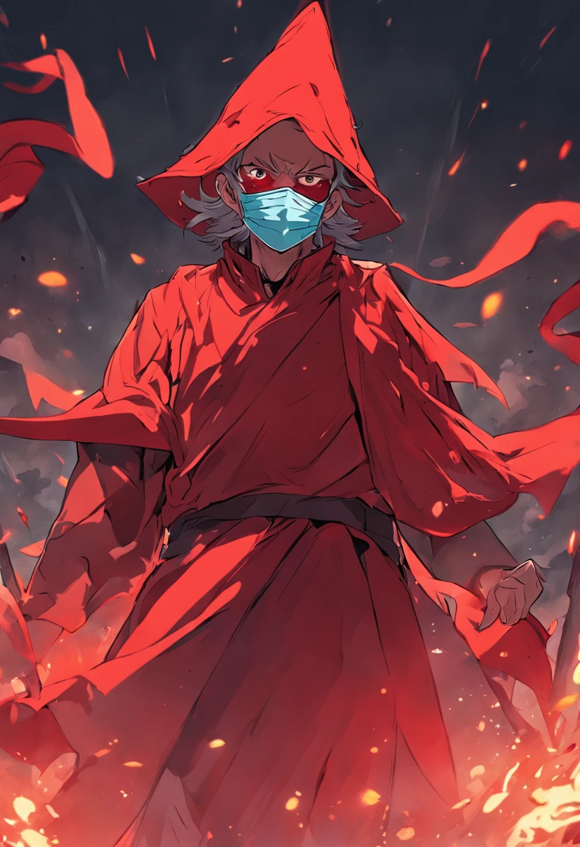 "Please create an image of the 'Red Flag' anti-hero. He is a unique and eccentric character, known for his crazy and unpredictable personality. He wears a vibrant red costume and wears a mask that completely covers his face, adding an air of mystery and anonymity. He has a red flag with abstract patterns of vibrant colors as a symbol, which reflects his chaotic nature. His special ability is the ability to create anything he can imagine by altering the reality around him. has the ability to bring objects, creatures and scenery to life from his creative mind. His fun and eccentric personality is reflected in his appearance and behavior. He is a mix of archetypes, being mainly the 'Mad' and the 'Wizard' , with a unique approach to justice, often bringing a dose of humor to the most serious of situations."
