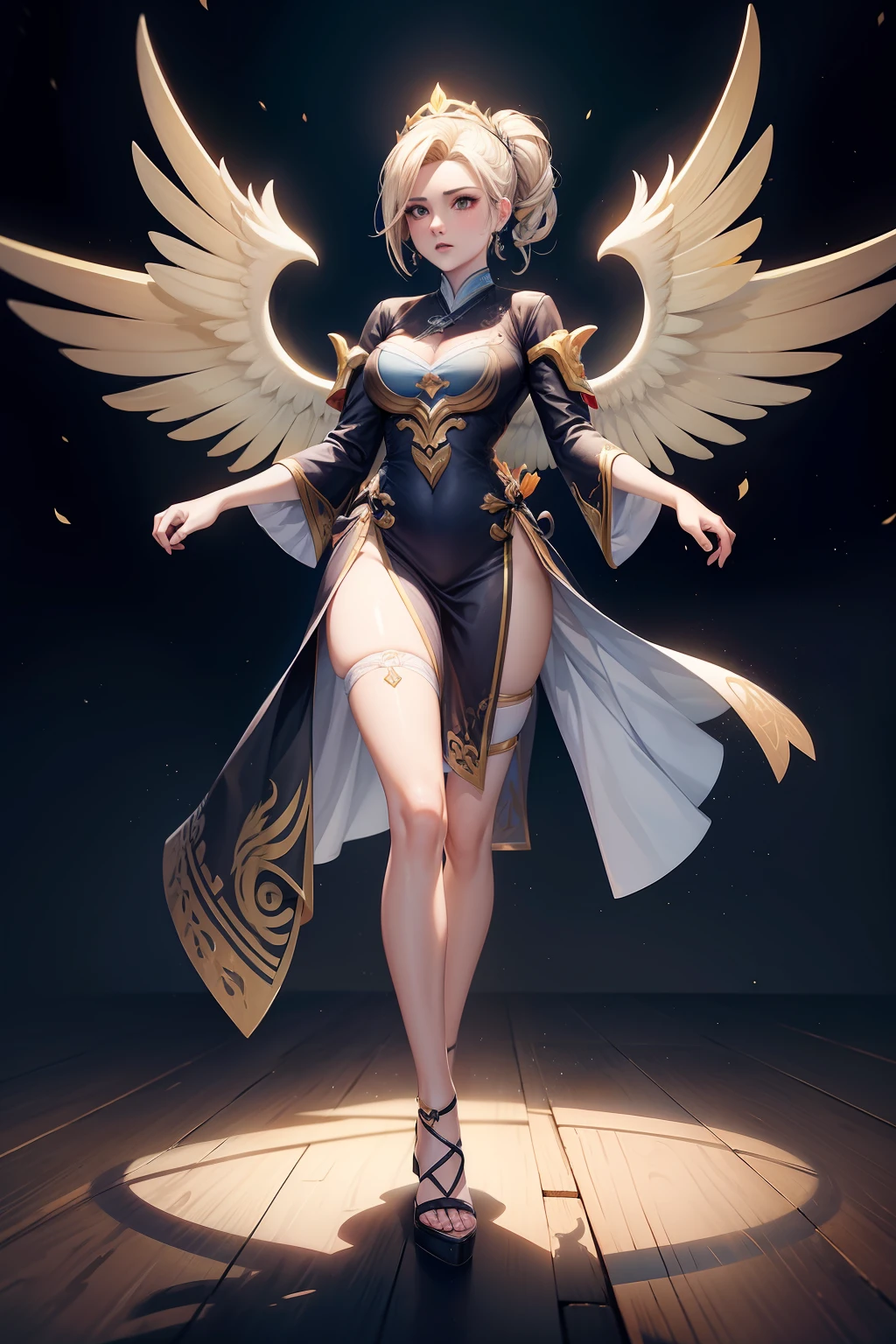 mulher loira, de descendencia inglesa, de roupa estilo oriental preto chines, xianxia de corpo inteiro, asas brancas angelicais, decote, expressao nervosa, peitos grandes, bunda grande, estilo cartoon,njo majestoso de corpo inteiro, tall female angel, design de roupa clara, Mercy do jogo Overwatch (2016), Xianxia de corpo inteiro, imagem de corpo inteiro, Full body there is a woman in a dress with wings on a catwalk, Anjo majestoso de corpo inteiro,
