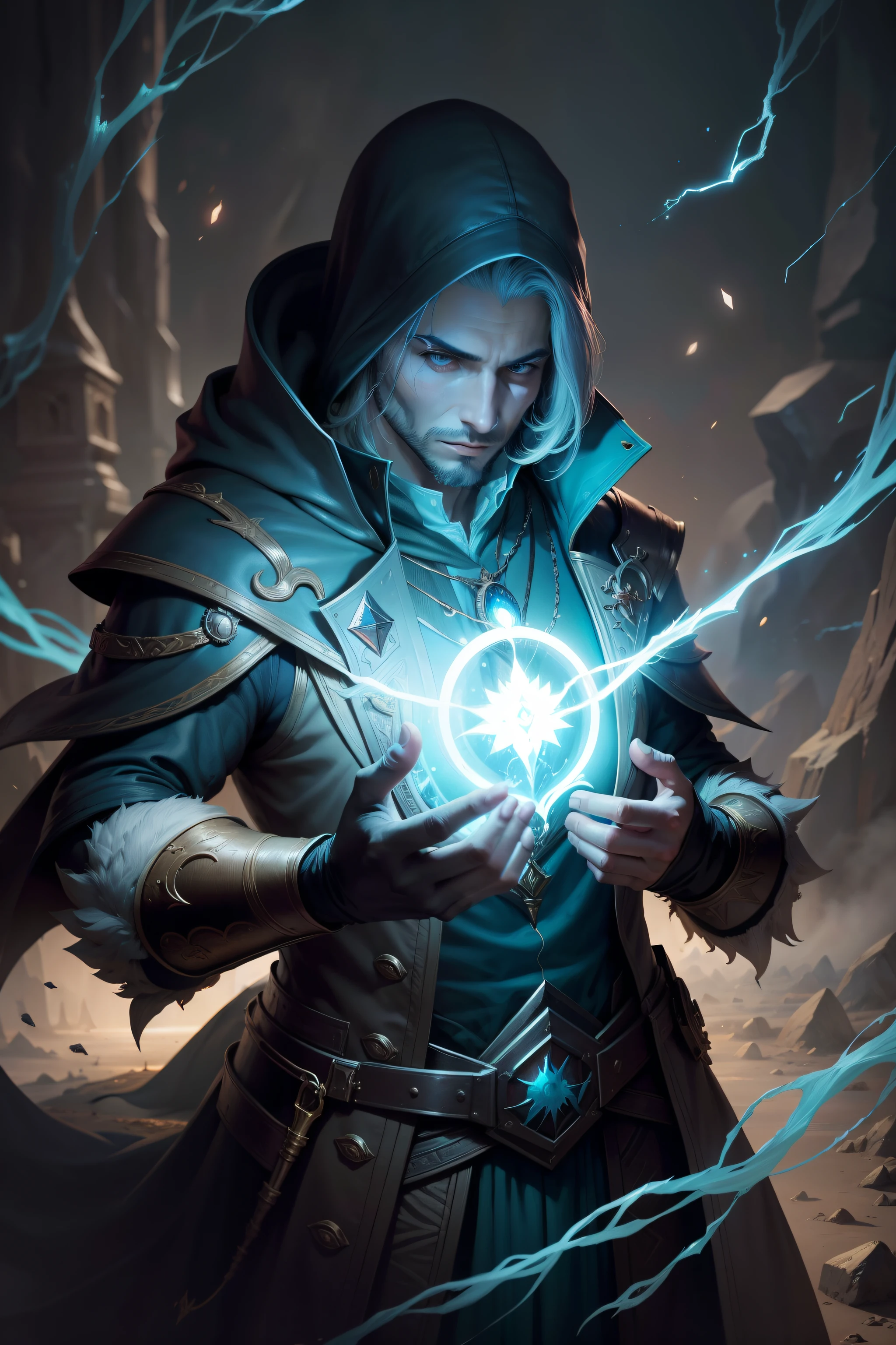 Imagem de um homem com uma jaqueta com capuz segurando uma luz brilhante, Magic the Gathering ArtStyle, Retrato completo de Electromancer, Magia da Arte do Encontro, Magic : A Arte do Encontro, magic the gathering art style, Magic the Gathering Card Art, an arcane wizard casting a spell, feiticeiro leve, Planeswalker, Arte do Jogo de Cartas de Fantasia, symbol of a plant with exposed roots on the chest