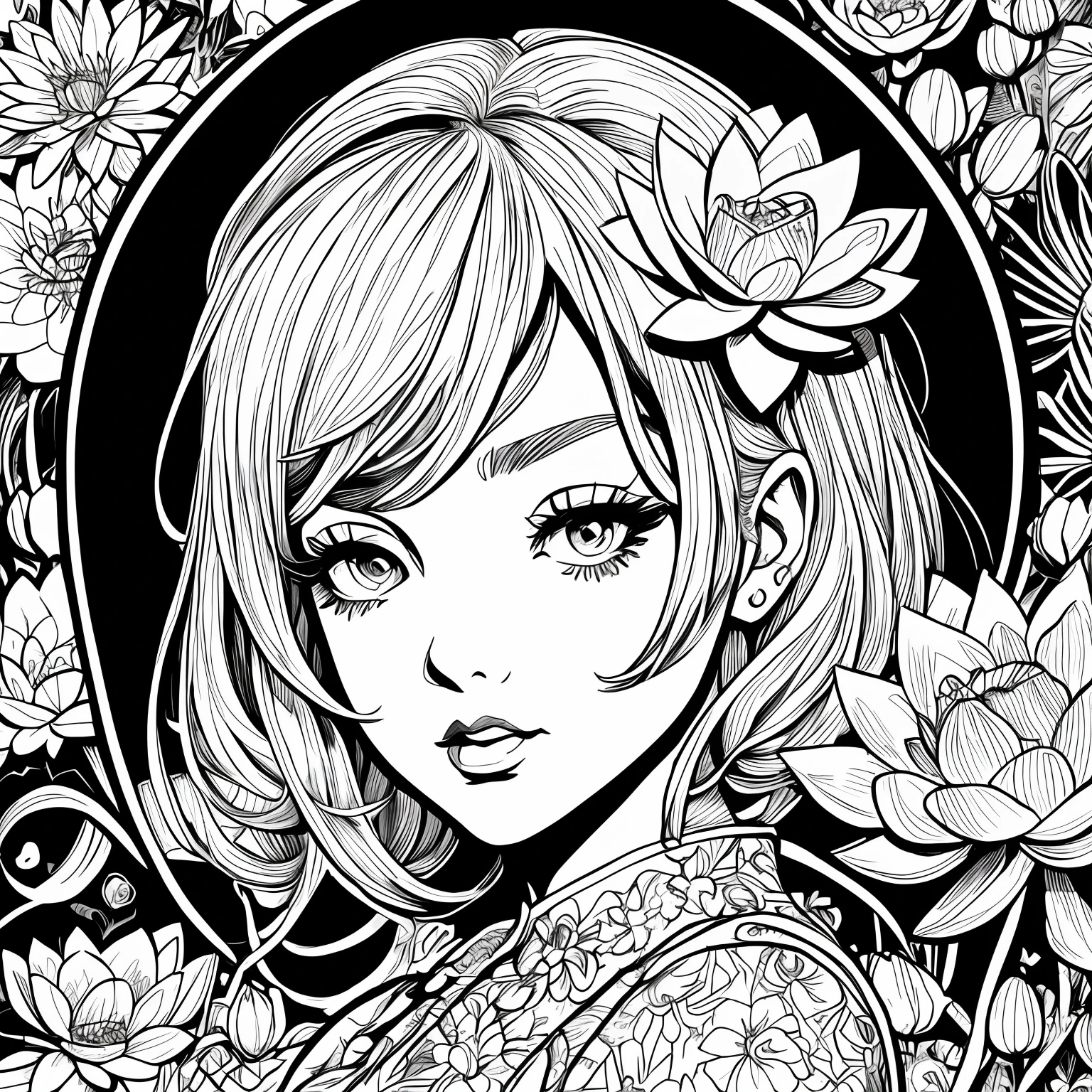 Black and white stick figure girl with lotus flower in background, loli in dress with flowers, its fine ink line art, comic style, portrait of magical marilyn munroe beautiful line art, black and white comic style, manga style, manga art style, pencil and ink caricature drawing, black and white coloring --auto --s2