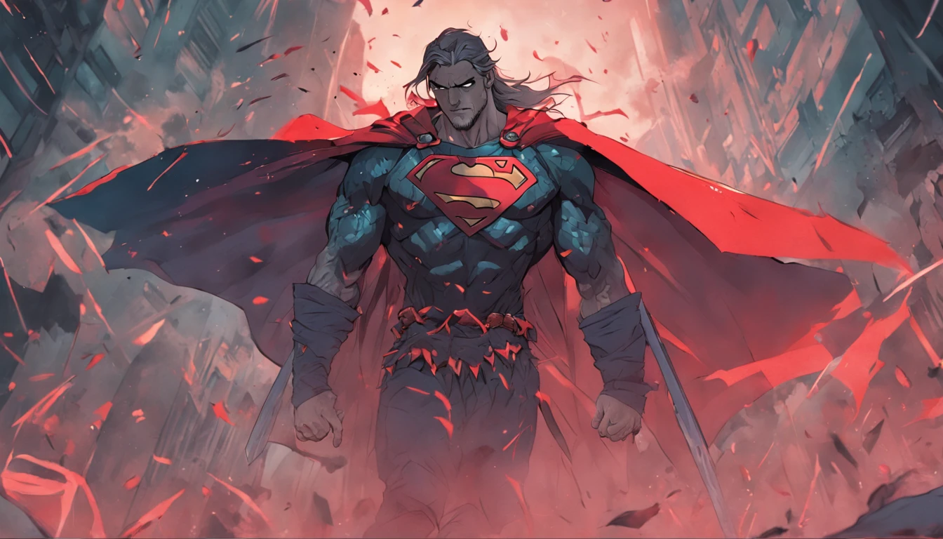 "Superman Viking com rosto do giurosa, Sorriso esquerdo, blood tears, sombrio, qualidade excepcional, multiple facial scars, Batman que ri, armadura viking das trevas, Gothic style." grayscale