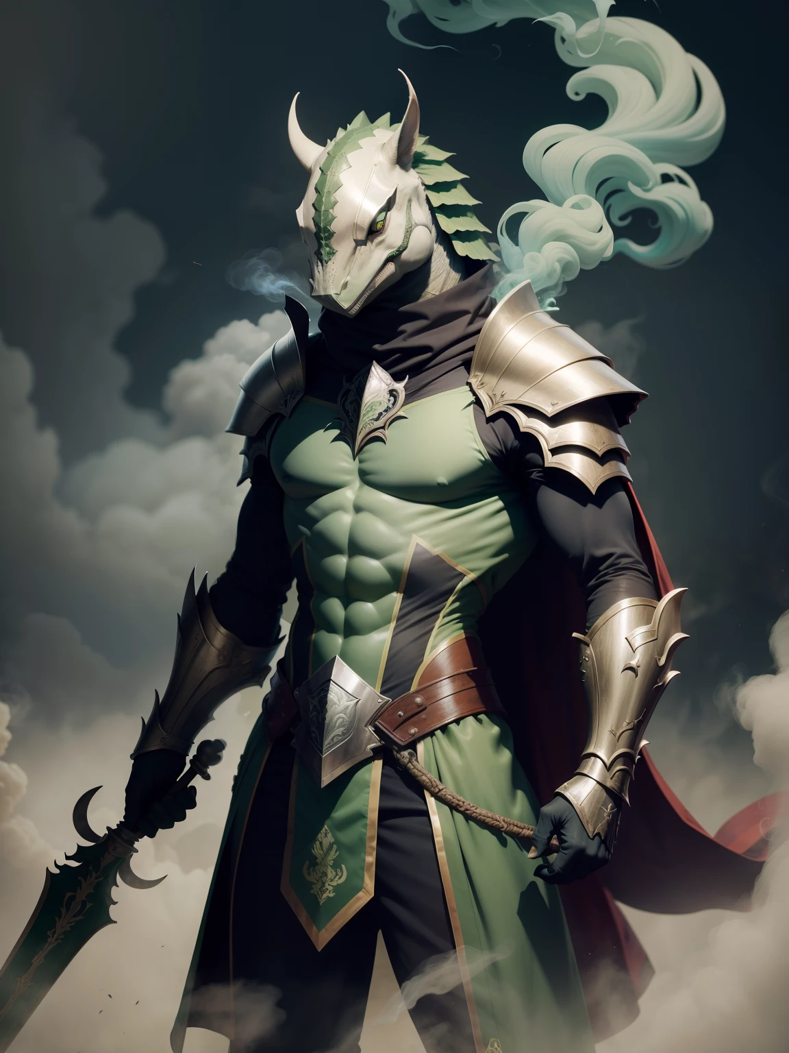 armadura dourada, Lagarto, escudo, castelo, veneno, smoke billowing, veneno verde, green smoke, Vapor verde, place covered with green smoke, veneno verde, green acid, gosma verde, action pose, demonio, armas, Rabo Asqueiroso, corpo inteiro,magro, esguio, escamas