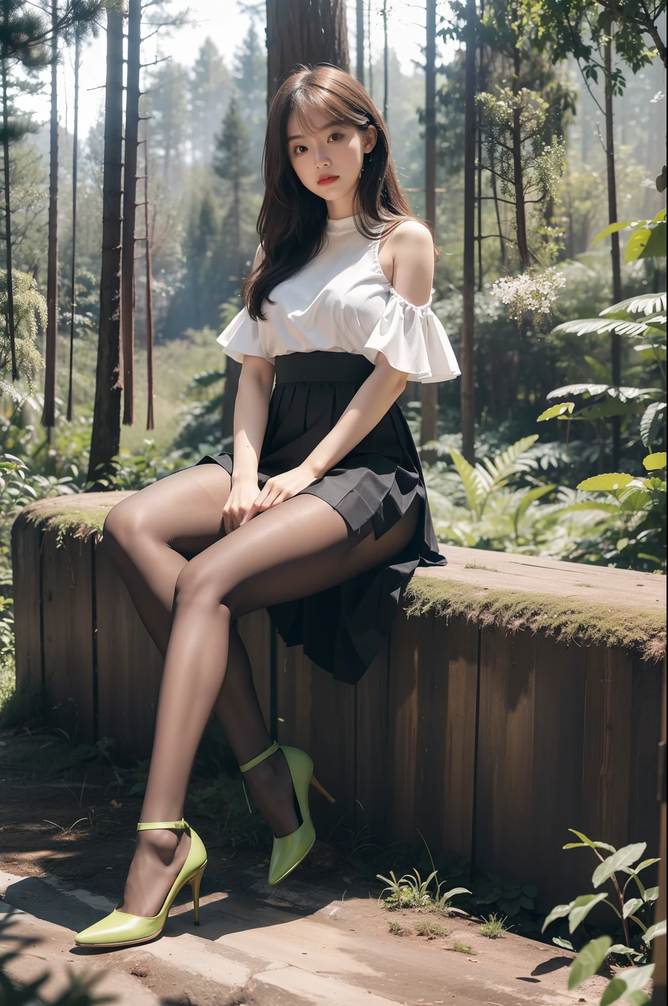 ,Masterpiece, Best quality,8K, 超高分辨率,Reallightandshadow,Cinema lenses,(beautidful eyes:1.1), ((中景 the scene is,The upper part of the body)),dynamicposes,On a green meadow,The gentle goddess came with gentle steps。She wore a white dress,A gentle breeze blows,The skirt dances lightly。The sun shone through the leaves in her hair,Reflecting her clear eyes and gentle smile。Colorful butterflies flutter around her,Flowers bloomed at her feet,It was as if nature was cheering for her。((((pantyhose))))(Sepia pantyhose:1.3)