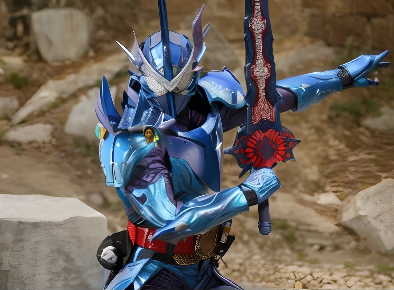 Dressed in blue and silver, Arakfi holds a sword and a flower, high fantasy kamen rider, full samurai armor spiderman, kamen rider action pose, cyber japan samurai armor, shirow masamune, Dragon inspired blue armor, bio - mechanical ninja samurai, detailled image, incredible sharp detail, japanese action figure, blue and ice silver color armor, kamen rider character, Kamen Rider