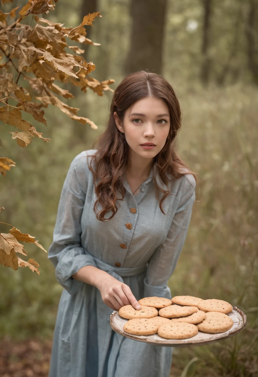 a beautiful young woman in the Hundred Acres Woods losing her charcuterie on a blustery day, morning light, thin slices of biscuit, cookie, and round cooky flying in the wind, she's unhappy about it, in the style of Winnie the Pooh