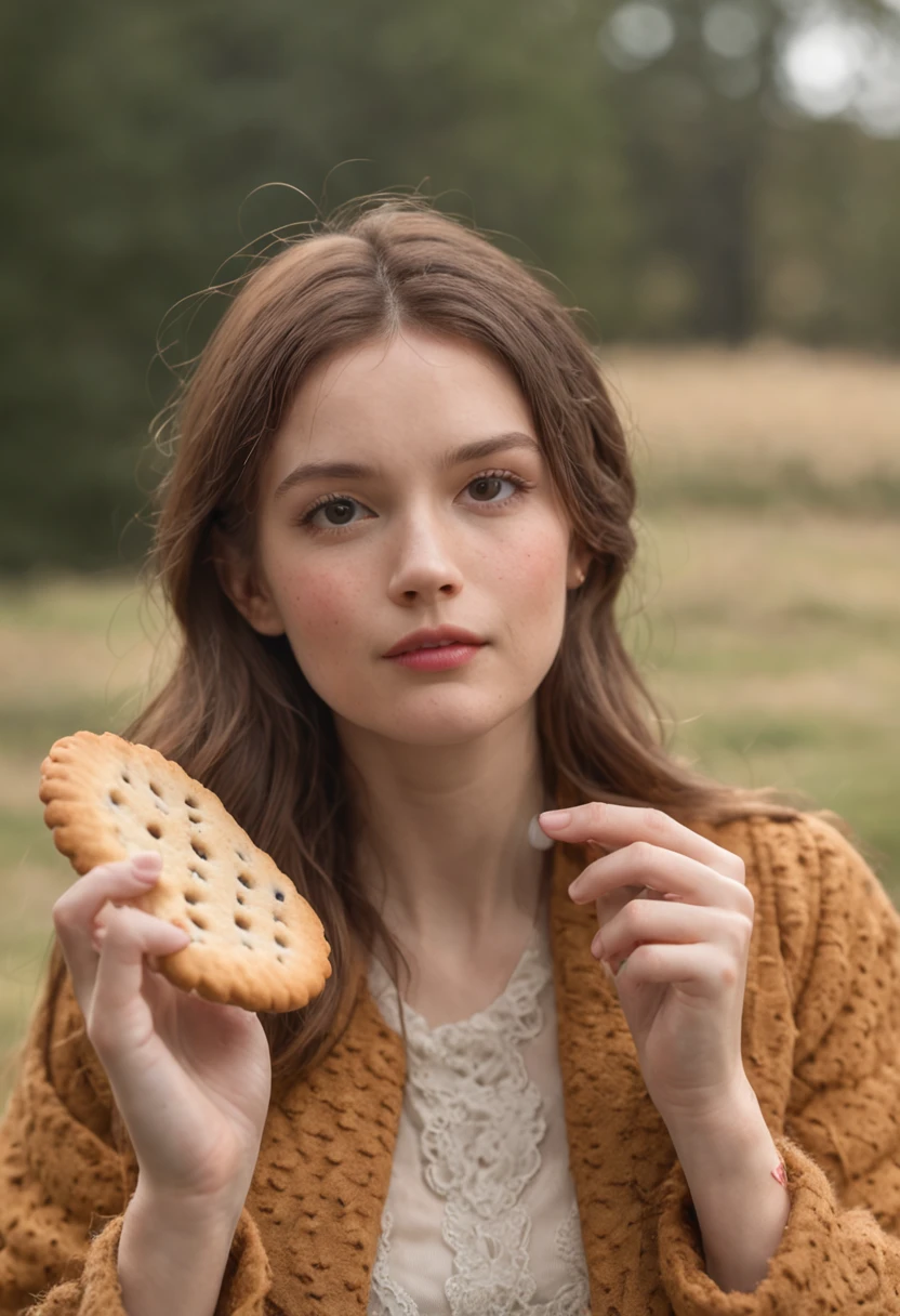 a beautiful young woman in the Hundred Acres Woods losing her charcuterie on a blustery day, morning light, thin slices of biscuit, cookie, and round cooky flying in the wind, she's unhappy about it, in the style of Winnie the Pooh