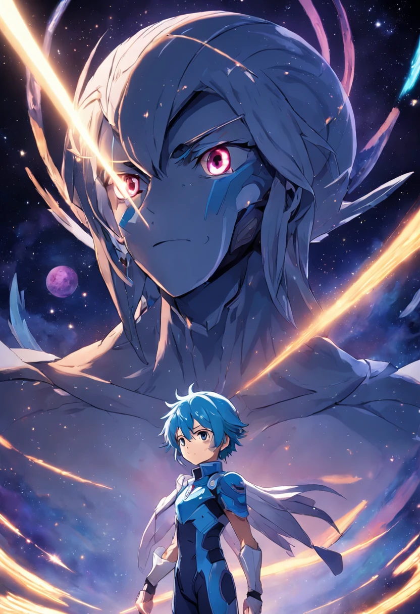 crie um anime com esse roteiro. title: Intergalactic Crusade: The Guardian of Dimensions Chapter 1: The Cosmic Call Page 1: Cena inicial: Broad view of the cosmos, com estrelas brilhantes e nebulosas coloridas. Narration of the protagonist, Alex: "The universe is vast, But so are the threats." Alex, a young man with a peculiar mark on his hand, looks at the night sky of the Earth. Page 2: Alex is in his room, Researching ancient legends about dimensions and guardians. News on TV: "Estranhas rupturas dimensionais relatadas em todo o mundo." Page 3: Um portal se abre no quarto de Alex. Uma figura misteriosa aparece. Figura misteriosa: "Alex, The cosmos is in danger. Only you can save it.