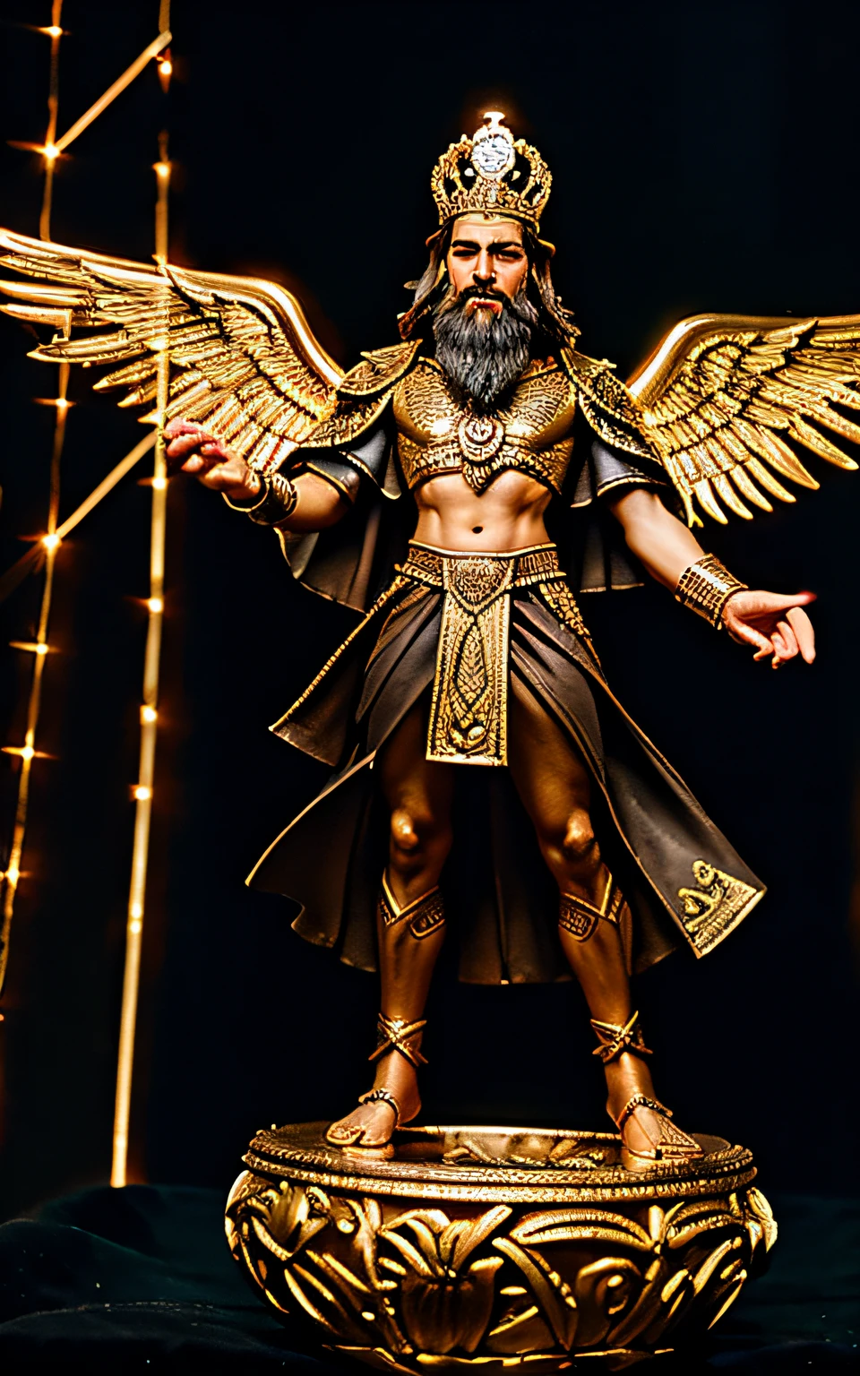 "Anu, the ancient god, towers as a giant, an embodiment of divine power and majesty. His skin is a warm light brown, and a long, flowing grey beard cascades down, signifying his timeless wisdom. He wears an opulent cloak, a fusion of ancient design and high-tech shimmer, hinting at a civilization both archaic and advanced. The cloak glitters with intricate patterns, possibly circuits or celestial maps. Adorning his head is a crown, both regal and futuristic, studded with gems that pulse with light. Wrapped around his left wrist is a high-tech watch, its face a blend of holographic displays and Sumerian glyphs. In his right hand, he holds a device, swirling with energy, a portal opener to other realms or times. His left hand firmly grips an ancient bag, its contents a profound mystery but radiating an otherworldly aura. Sprouting from his back are magnificent golden eagle wings, grand in span and shimmering in the ethereal light. He stands resolutely in front of the Tree of Life, its branches and roots intertwined in an eternal dance of creation and knowledge. The backdrop reveals vast high-tech temples, grand structures with glowing symbols, and levitating platforms. Nestled among these marvels, a bowl holds a miniature Earth, rotating slowly, a tribute to the planet and Anu's dominion over it."