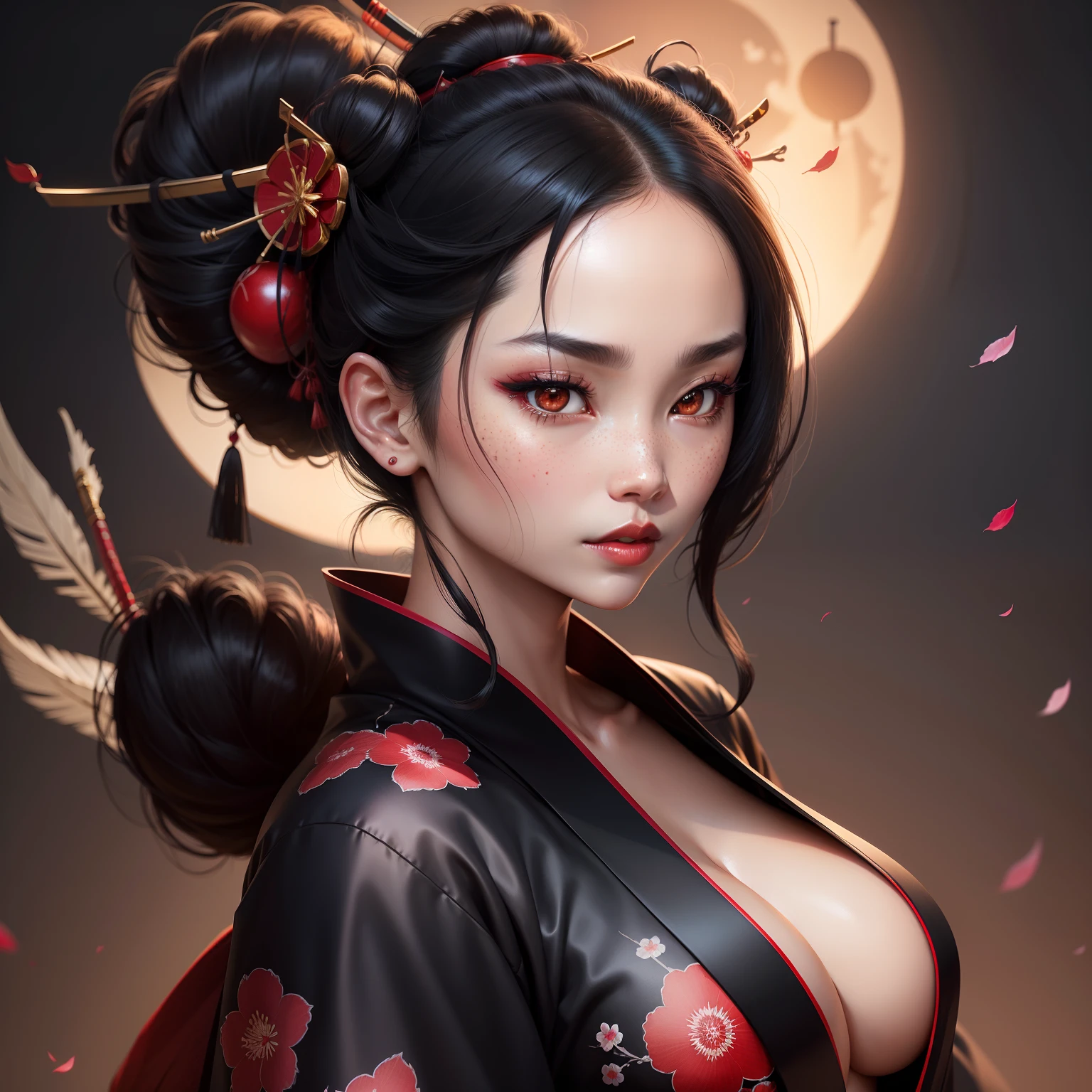 Seductive geisha, wear black kimono, black hair, red moon, dark skin complexion, cherry blossom on hair, 4k, almond eyes, big lip, logo, heart shape face, face fuller, sexy hair tied up, black eyes, dark red lipstick, female samurai warrior, swords, face shots, head shots, freckles on the face, up close head face shots, full hair