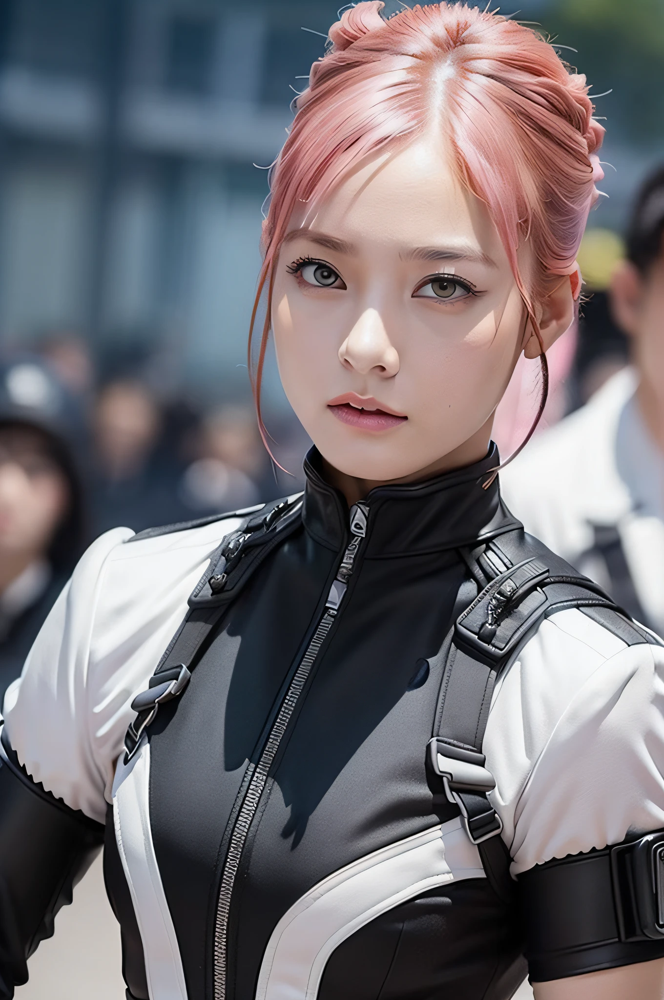 Top Quality, Ultra High Definition, (backlight), (Photorealistic: 1.4), (close up:1.6, focus on face), 1 Beautiful Girl, (Kpop Idol), Detailed Face, (Pink updo Hair: 1.3), Contrapposto, Smooth Skin, Perfect Anatomy, Professional Lighting, ((wearing Futuristic Police Racing Suits, police wappen, High-tech Headset, military harness, racing gloves, machinegun)), ("POLICE", Cloths based on silver pink black white), (background, (Audience Coming close), crashed cars, fire, (Explosion)),