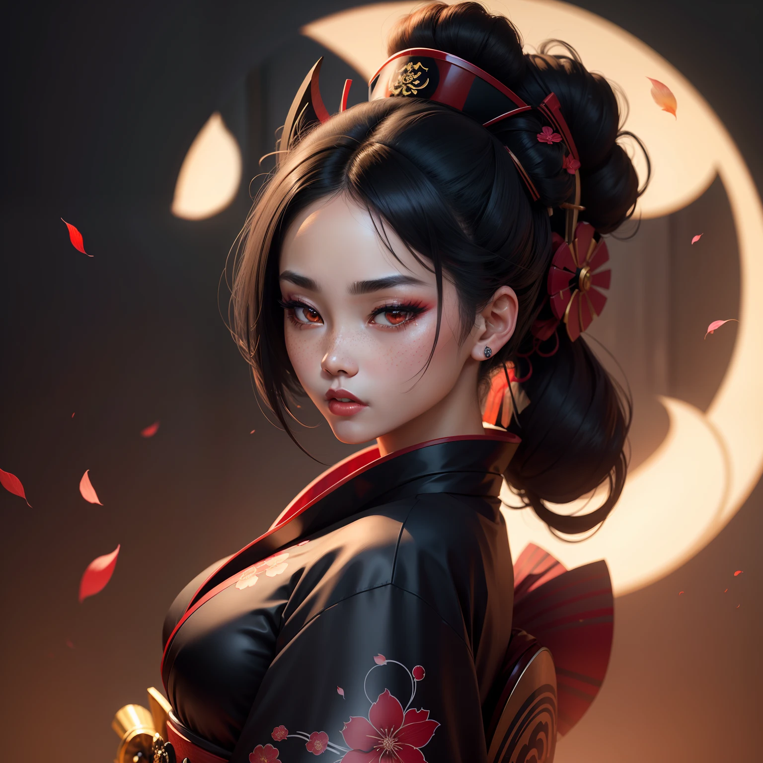 a Photorealistic dramatic fantasy render of a beautiful woman wearing a beautiful intricately detailed Japanese Wolf Kitsune mask and clasical Japanese Kimono by WLOP,Artgerm,Greg Rutkowski,Alphonse Mucha, Beautiful dynamic dramatic dark moody lighting,shadows,cinematic atmosphere,Artstation,concept design art,Octane render,8K,
