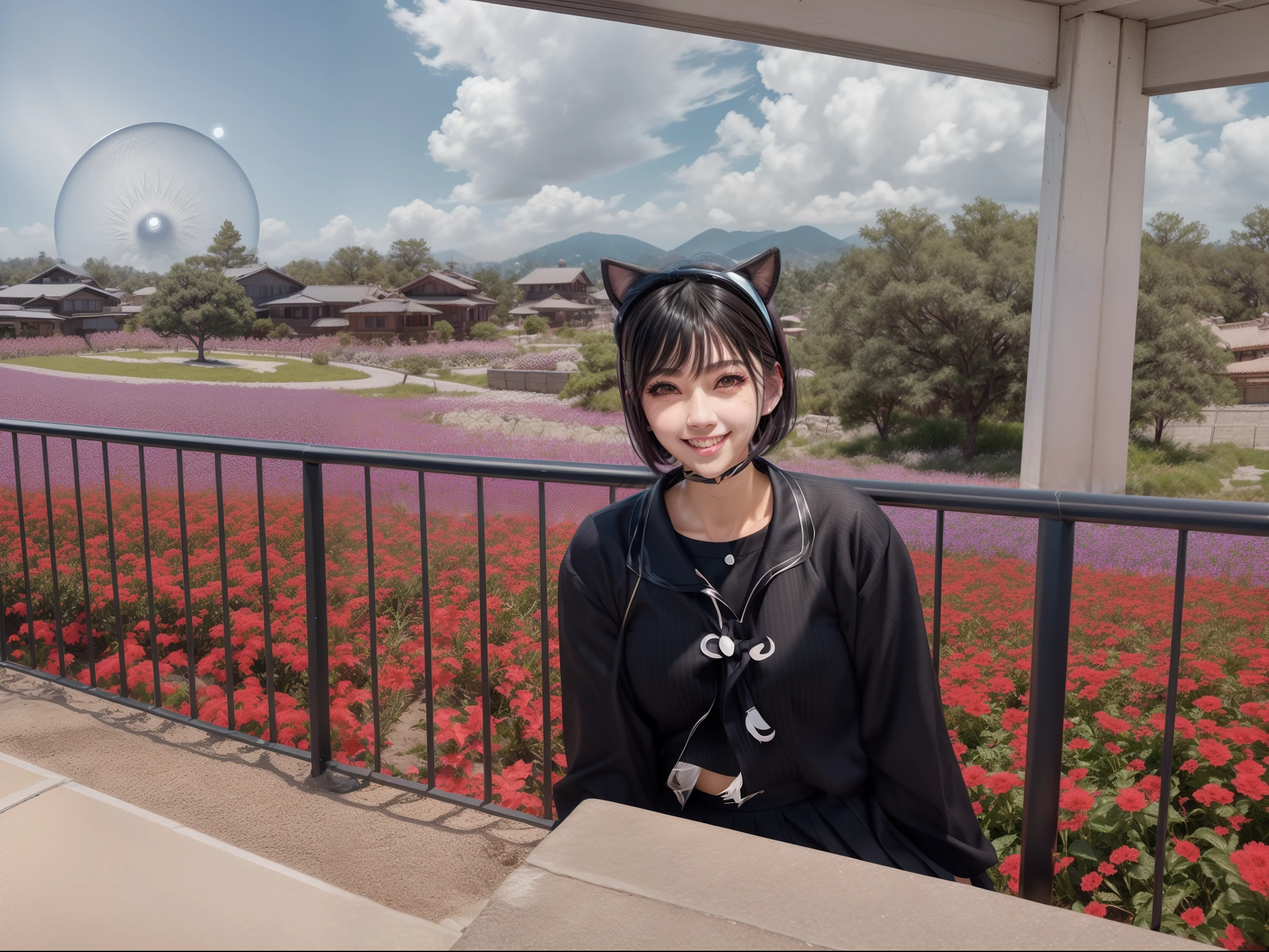black hair, hair bobbles, wince, longeyelashes, solid circle eyes, fake animal ears, light smile, ear blush, fang, Surrealism, drop shadow, anaglyph, stereogram, tachi-e, pov, atmospheric perspective, 8k, super detail, ccurate, best quality