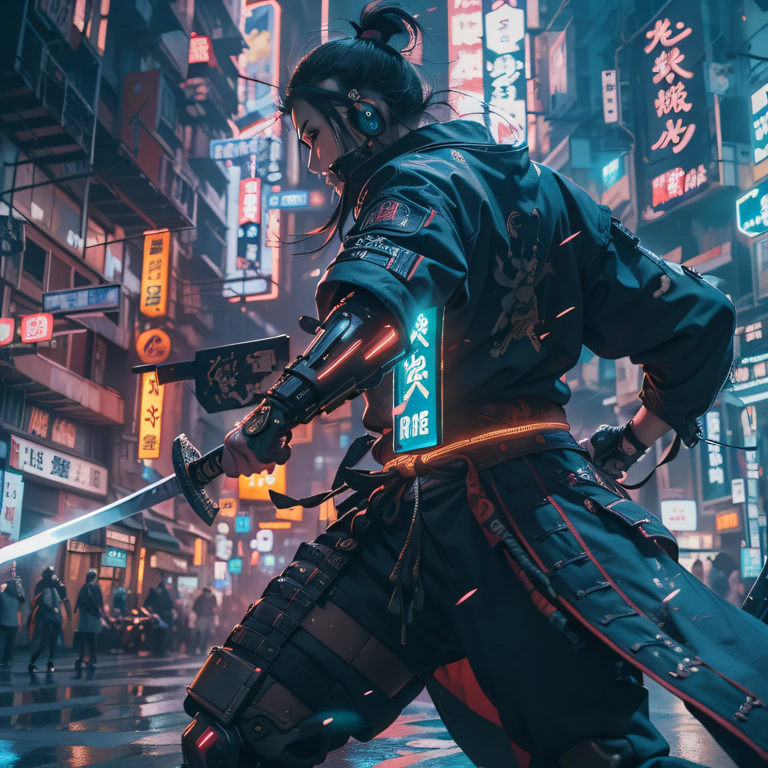 (cyberpunk samurai in action, captured by Akira Sato, dynamic movement, bright blade katana, neon particle and light effects, stylized action scenes, combination of tradition and futurism, futuristic city background (best quality), (8k resolution), (ultra highres)