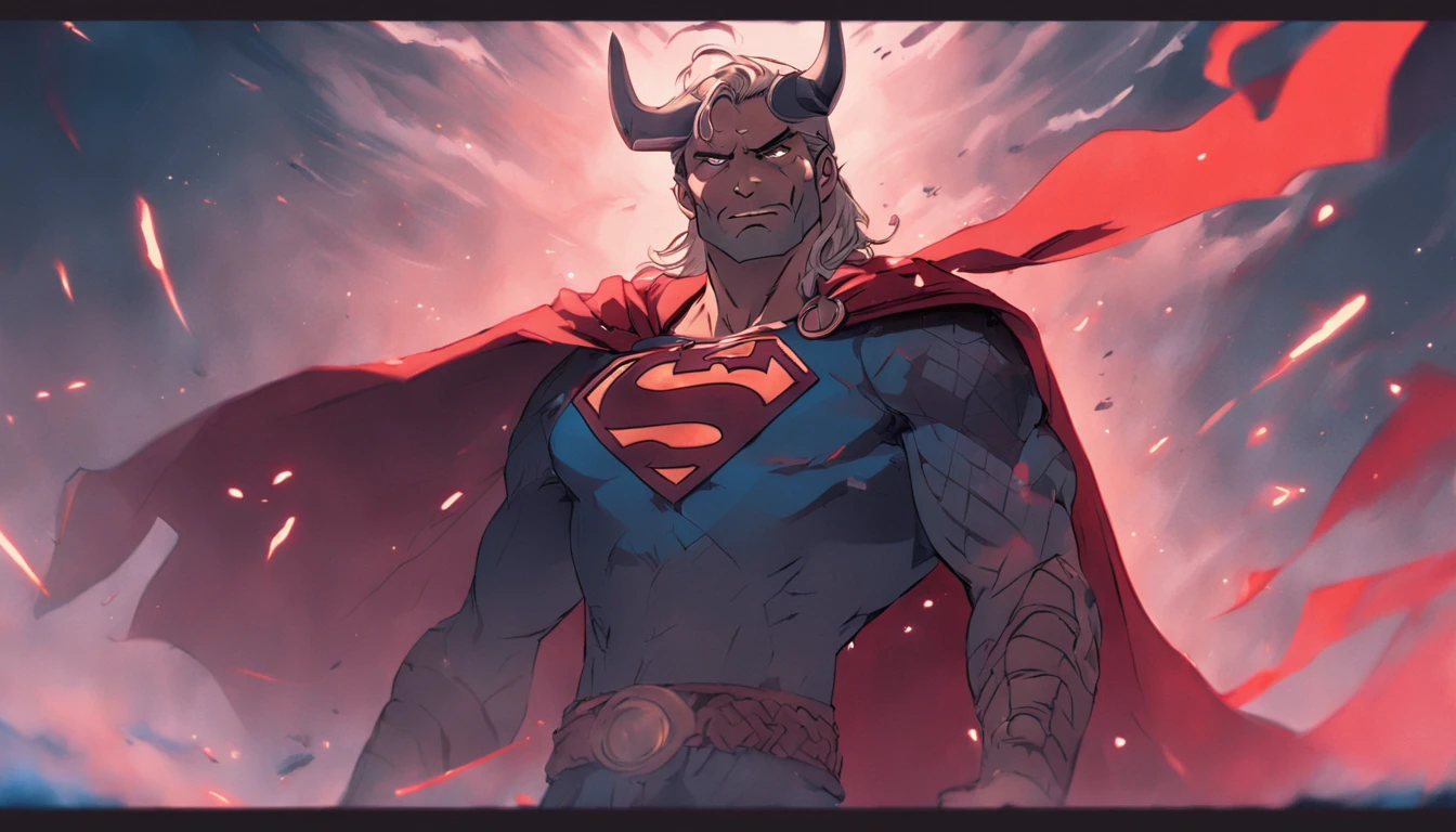 "Superman Viking com rosto do giurosa, Sorriso esquerdo, blood tears, sombrio, qualidade excepcional, multiple facial scars, Batman que ri, armadura viking das trevas, Gothic style." grayscale